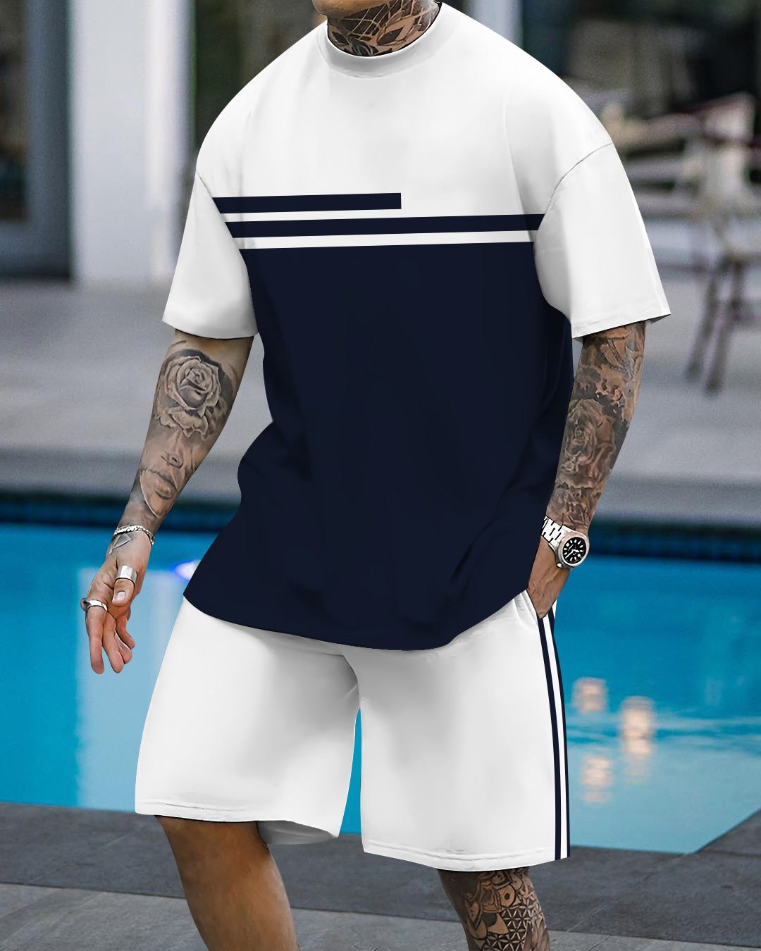 Men's fashion casual geometric print short sleeve two-piece set