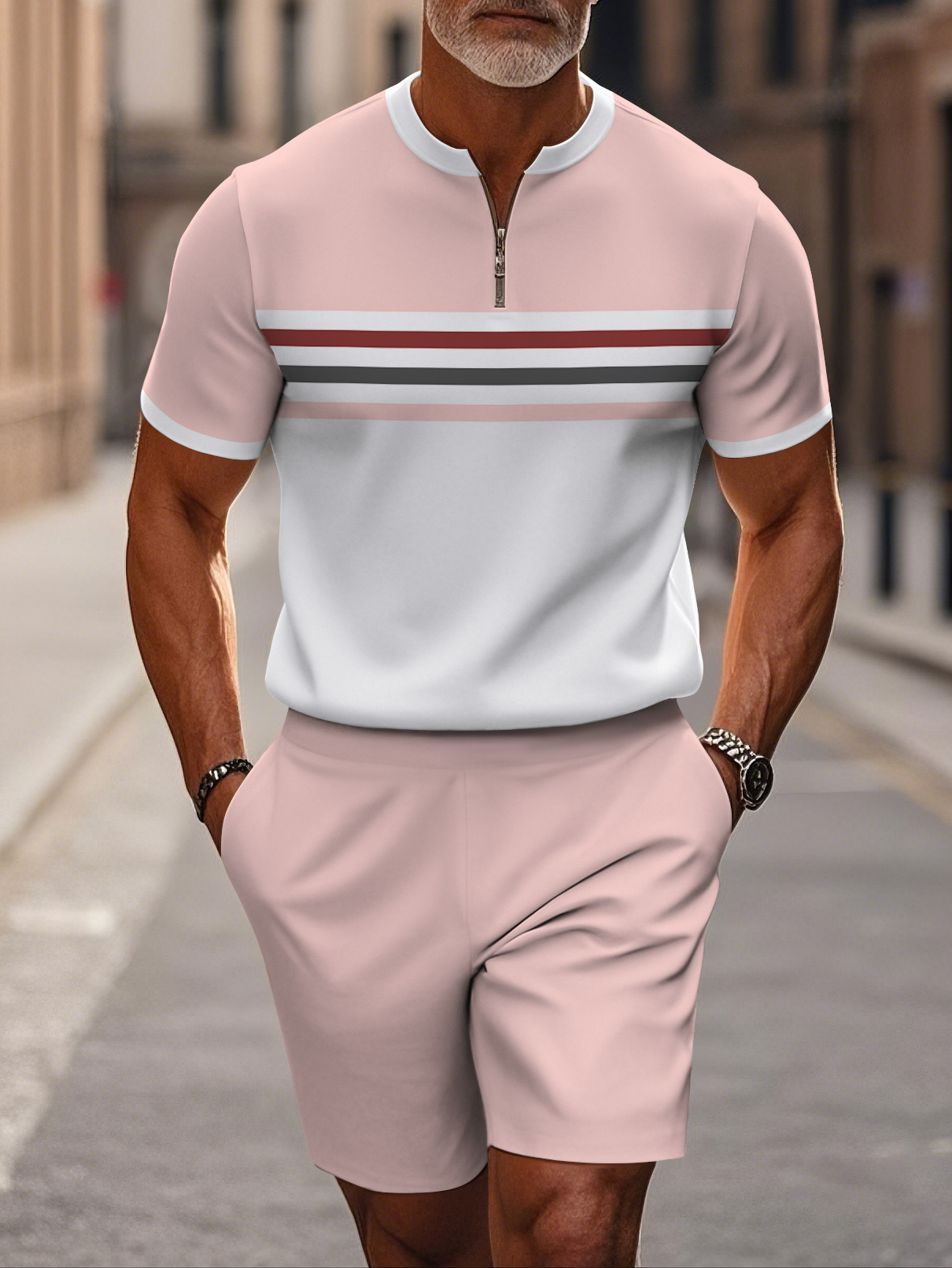 Men's fashion casual round-neck zipper geometric printed short-sleeved two-piece set