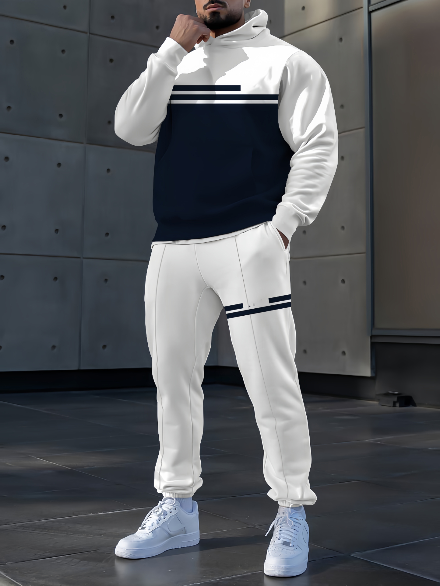 Men's fashion casual color matching striped print long sleeve two piec