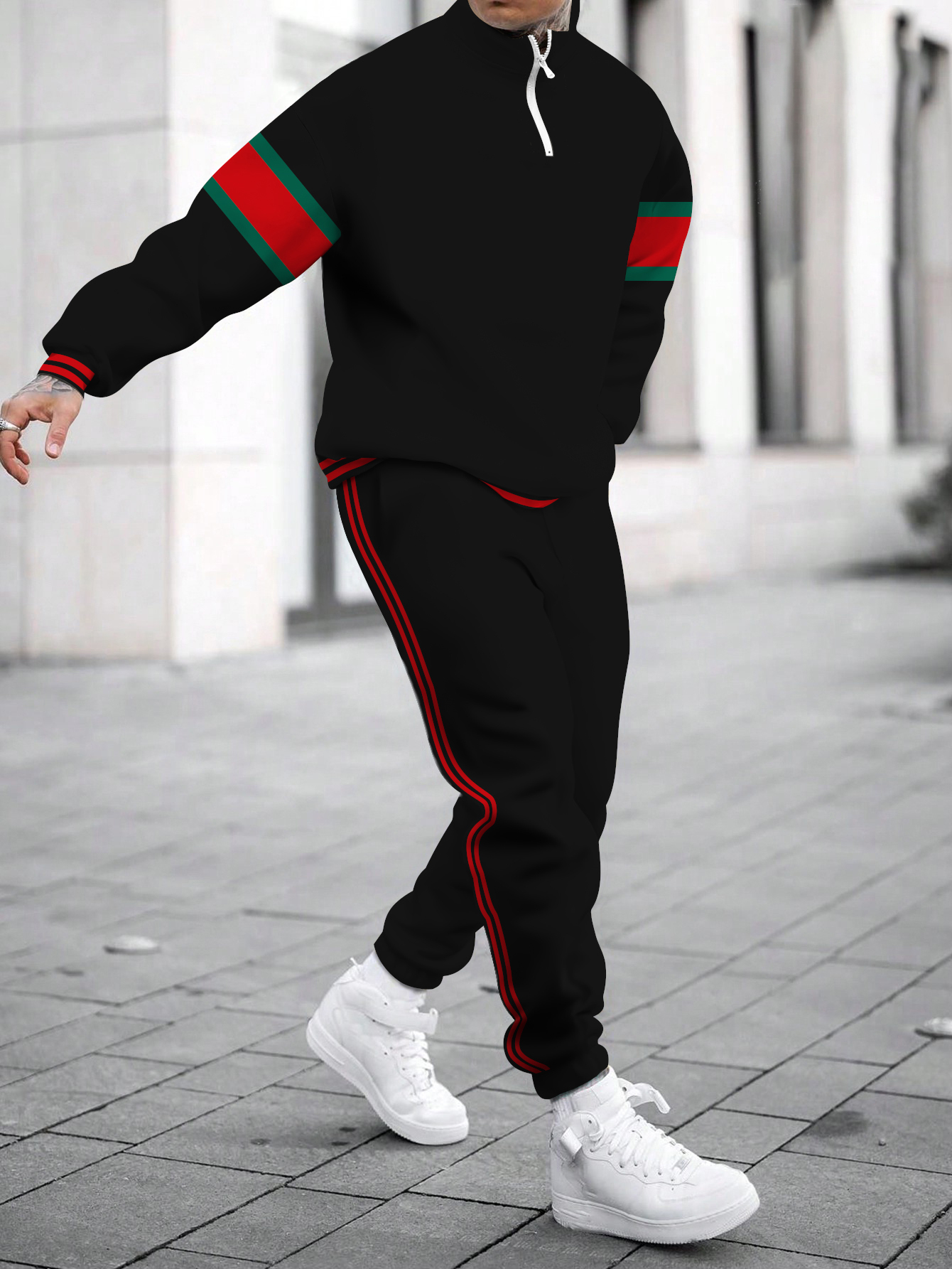 Men's fashion casual color match print long sleeve two piece set