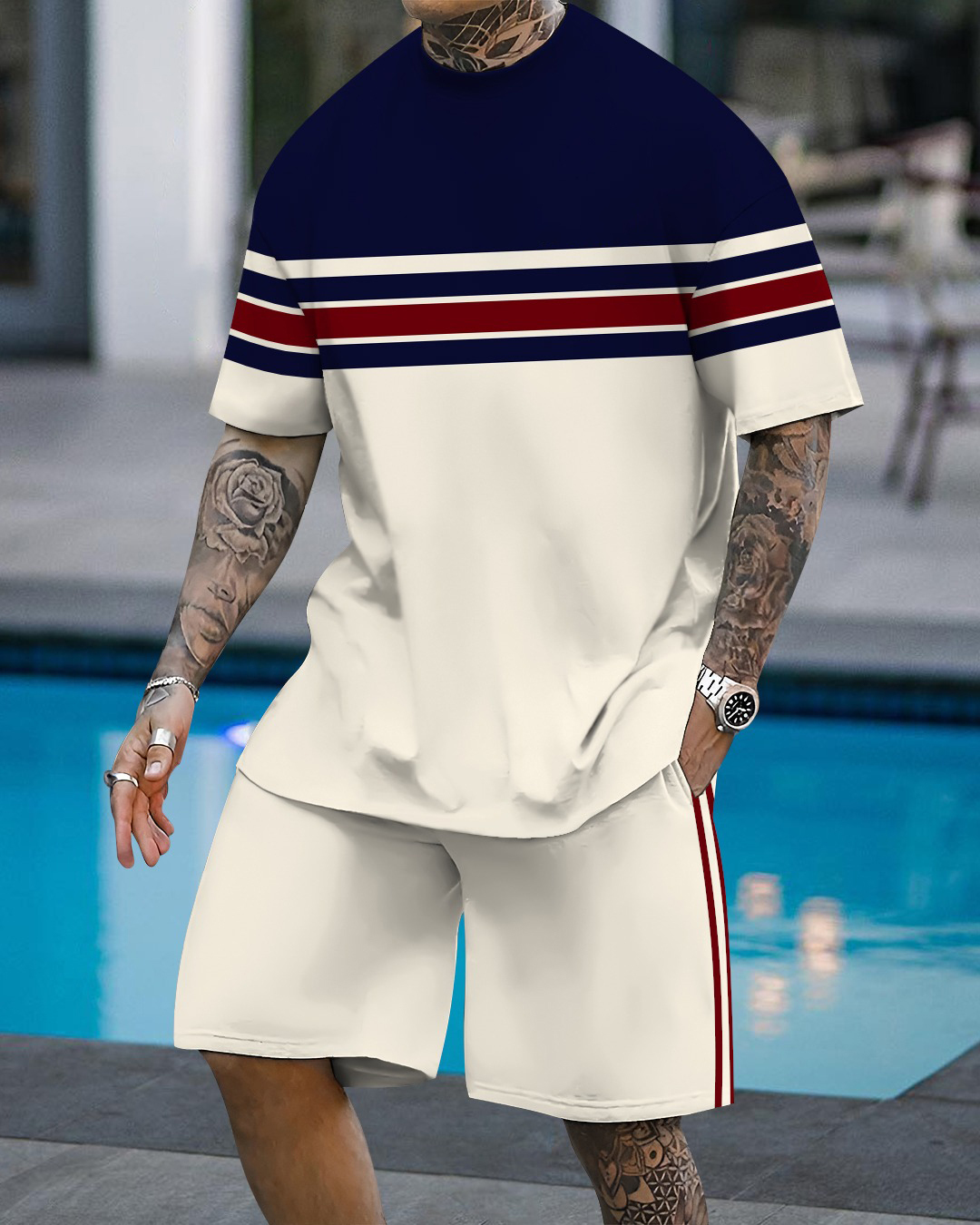 Men's fashion casual color matching printed short-sleeved two-piece se