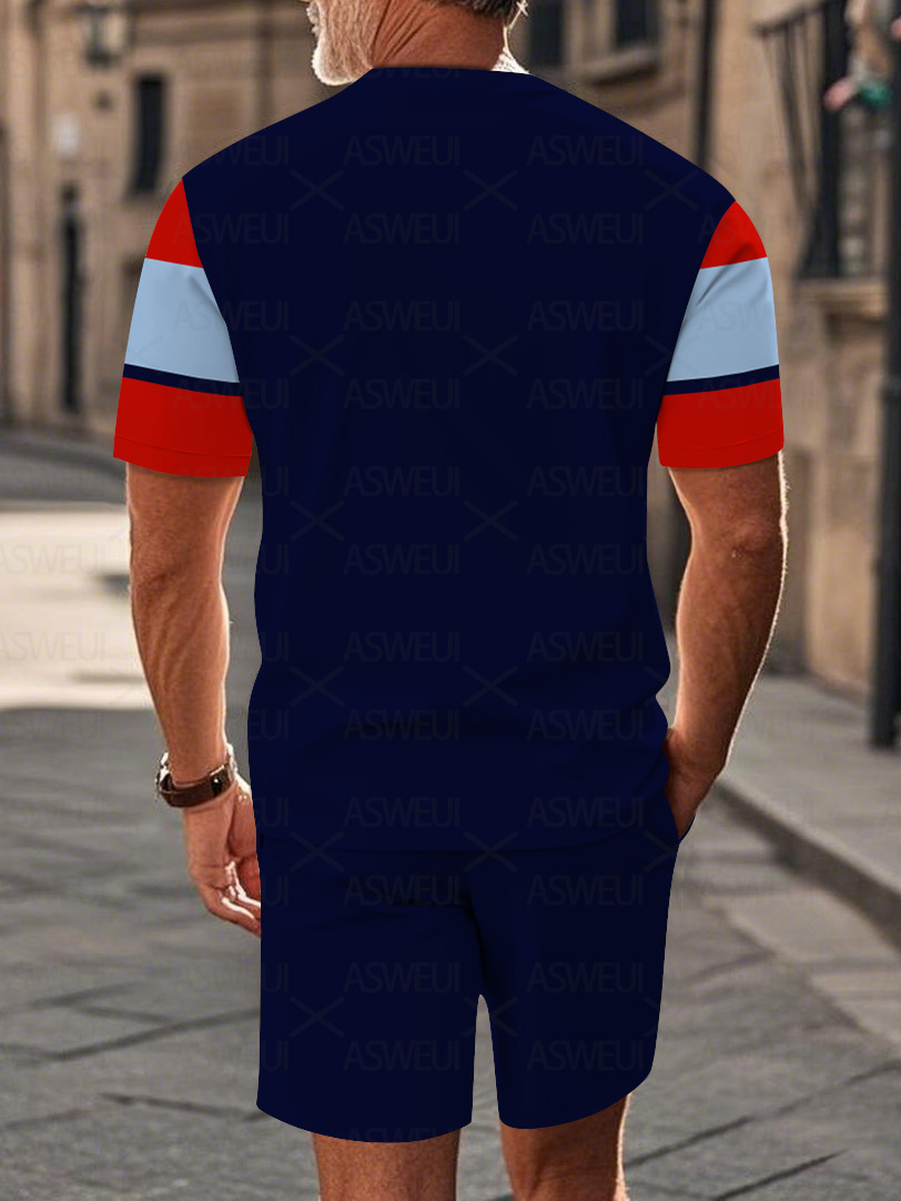 Men's fashion casual round-neck zipper geometric printed short-sleeved two-piece set