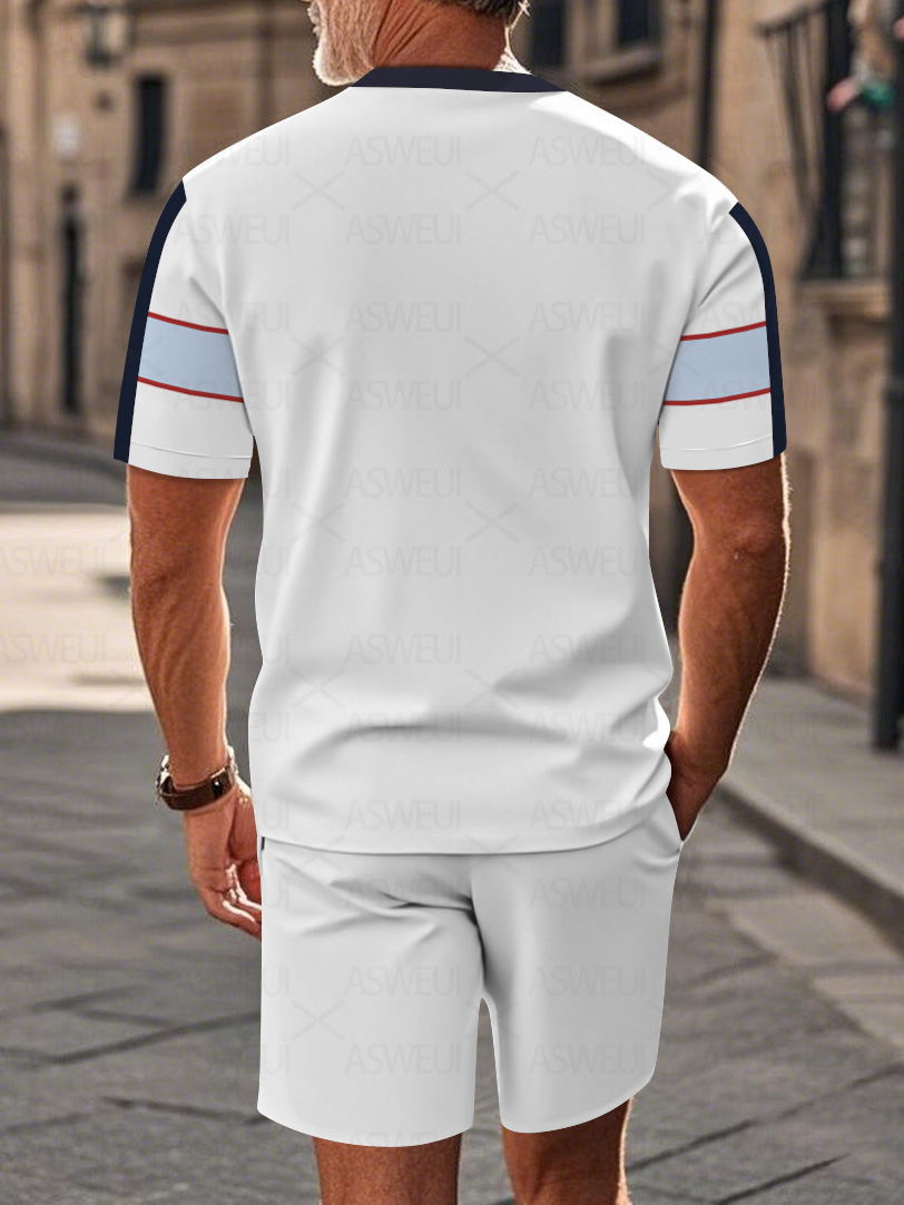 Men's fashion casual round-neck zipper geometric printed short-sleeved two-piece set