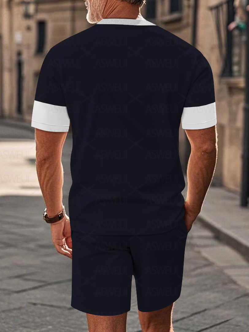 Men's fashion casual round-neck zipper geometric printed short-sleeved two-piece set