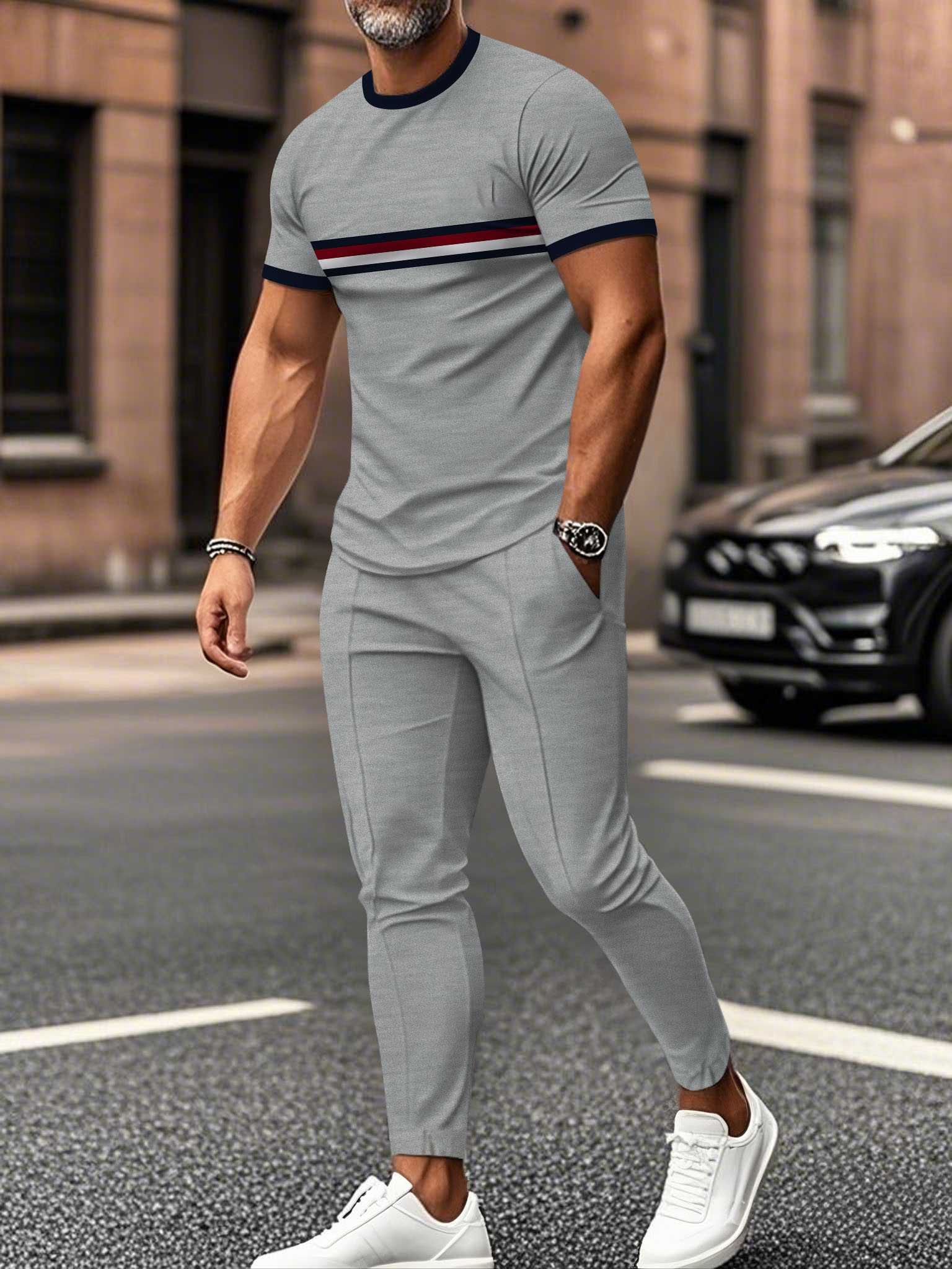 Men's fashion casual color matching striped printed short sleeved trousers two-piece set