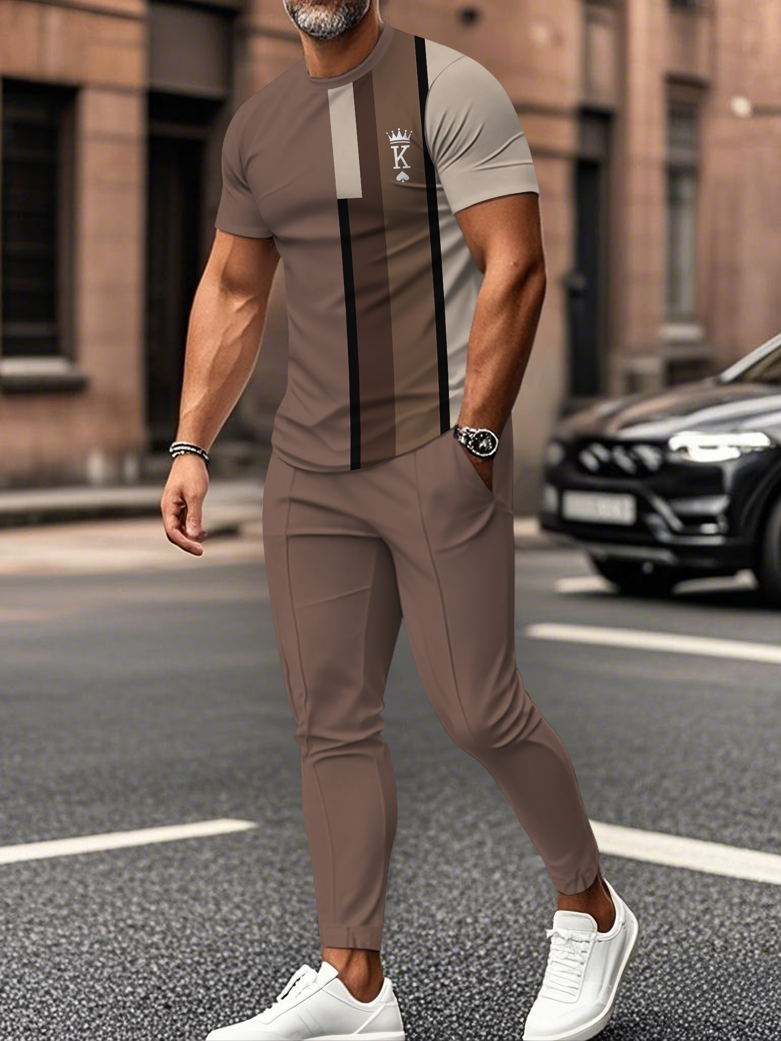 Men's fashion casual color matching striped printed short sleeved trousers two-piece set