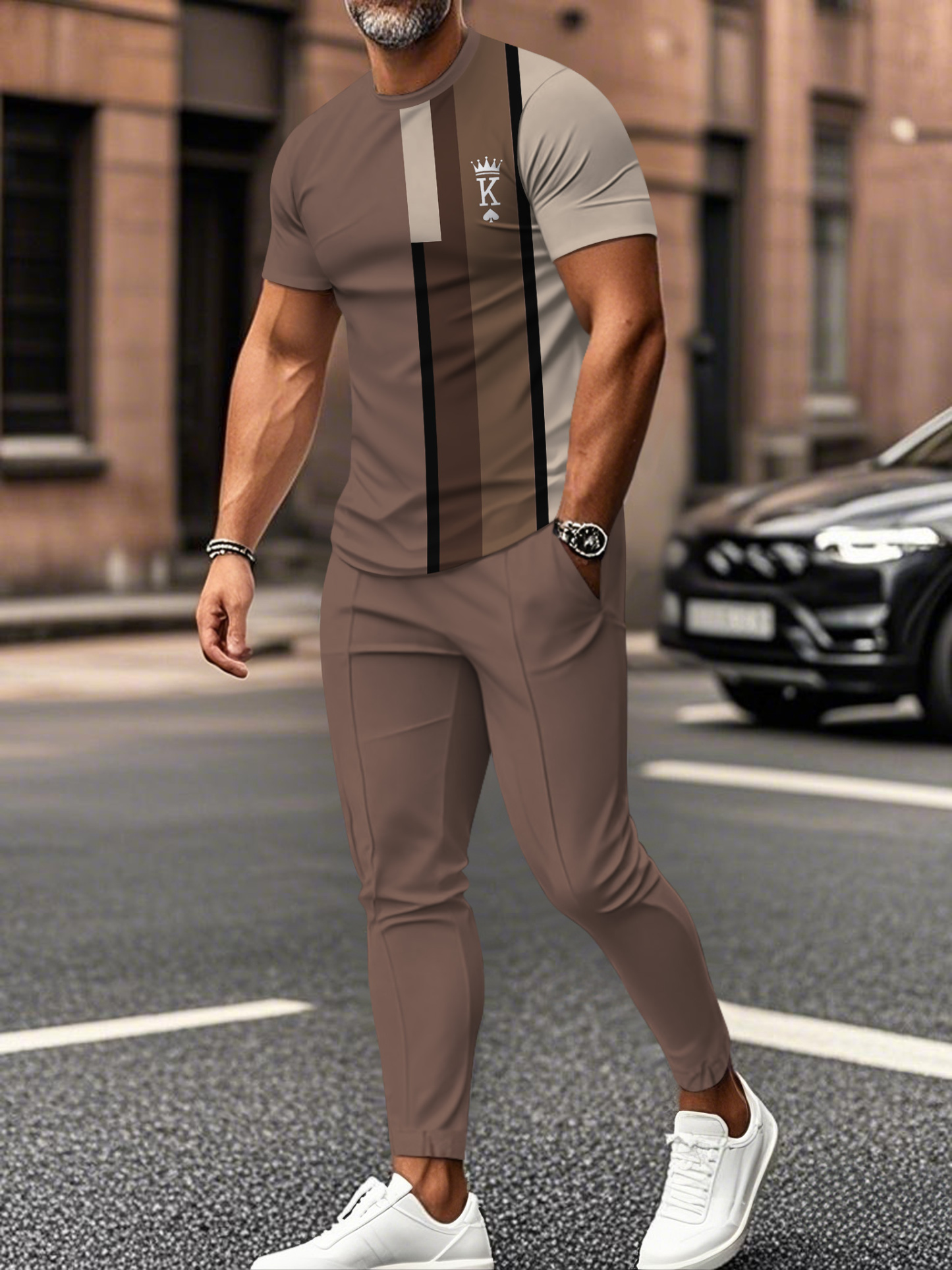 Men's fashion casual color matching striped printed short sleeved trousers two-piece set