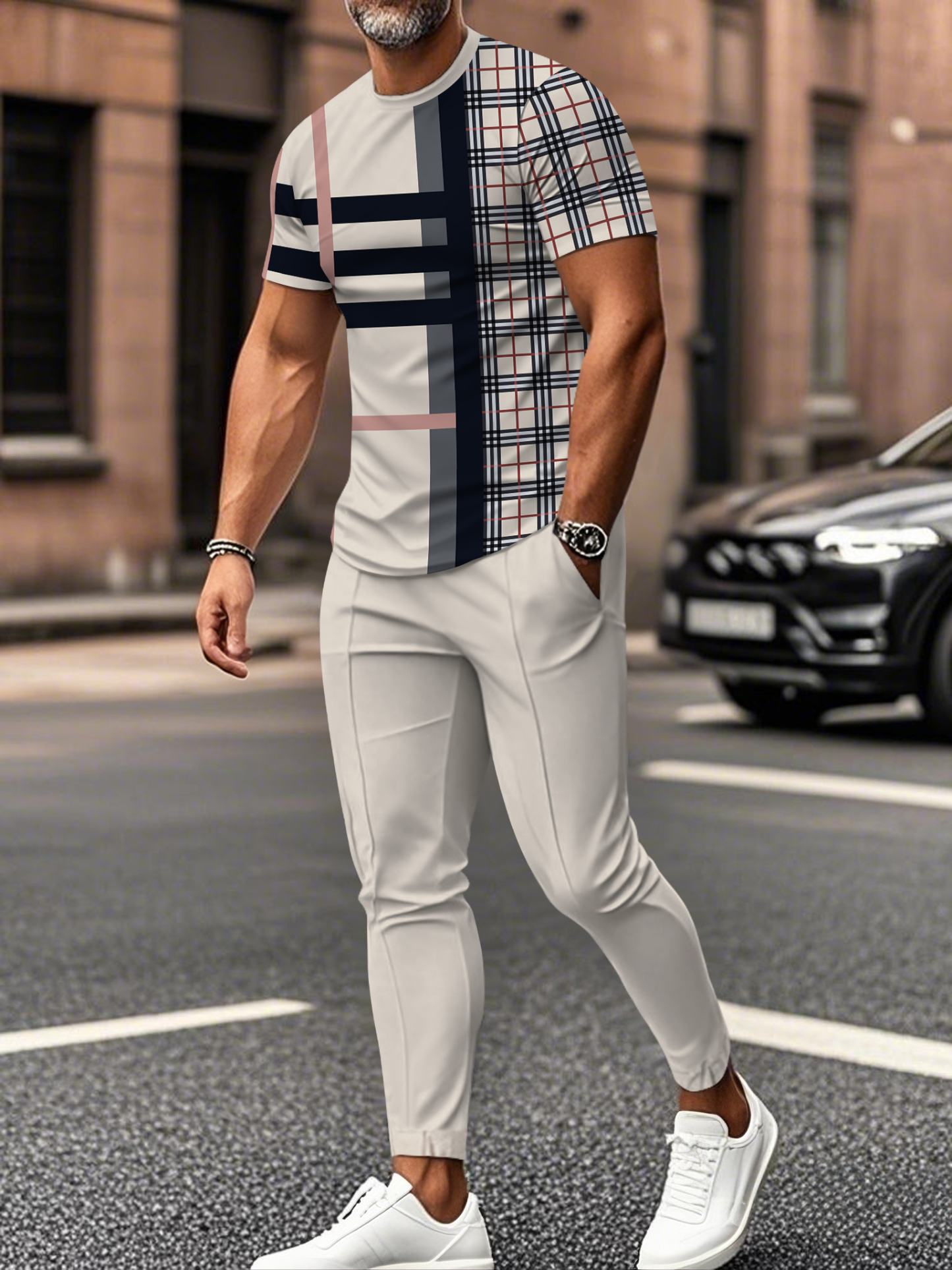 Men's fashion casual color matching striped printed short sleeved trousers two-piece set