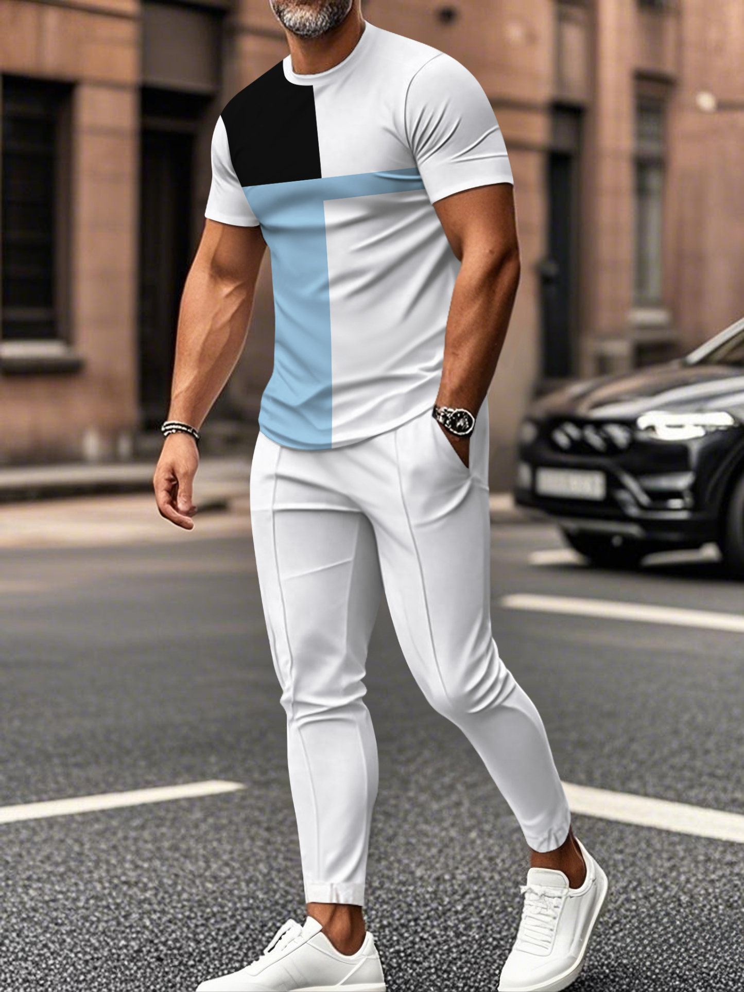 Men's fashion casual color matching striped printed short sleeved trousers two-piece set