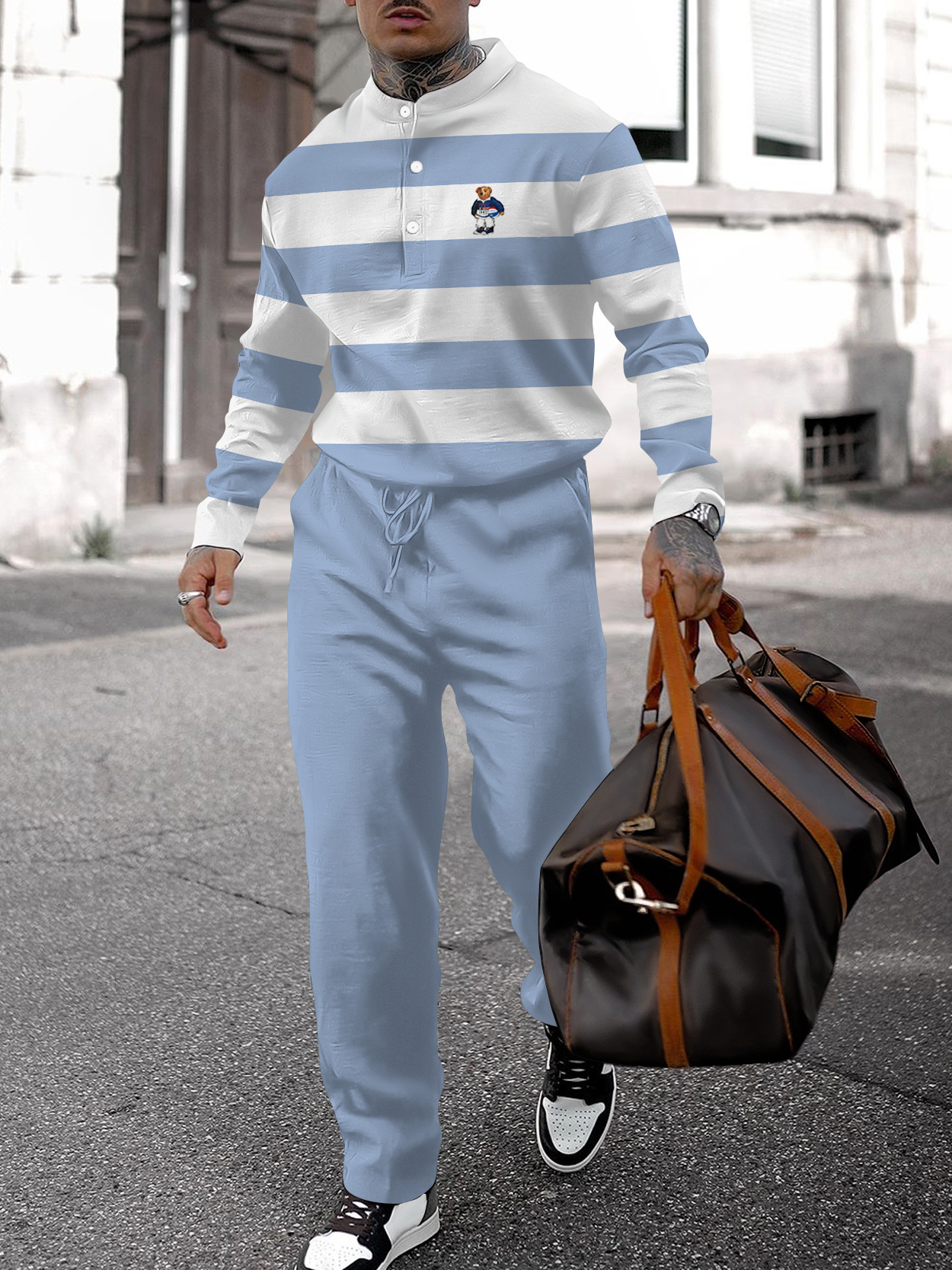 Men's fashion casual geometric print long sleeve two-piece set