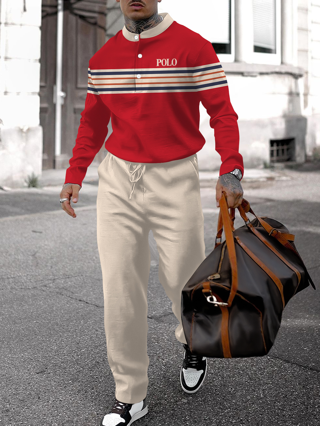 Men's fashion casual geometric print long sleeve two-piece set