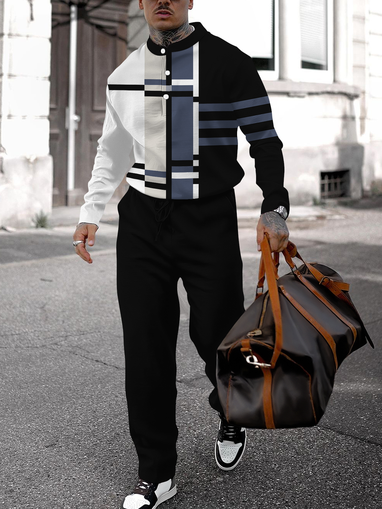 Men's fashion casual geometric print long sleeve two-piece set