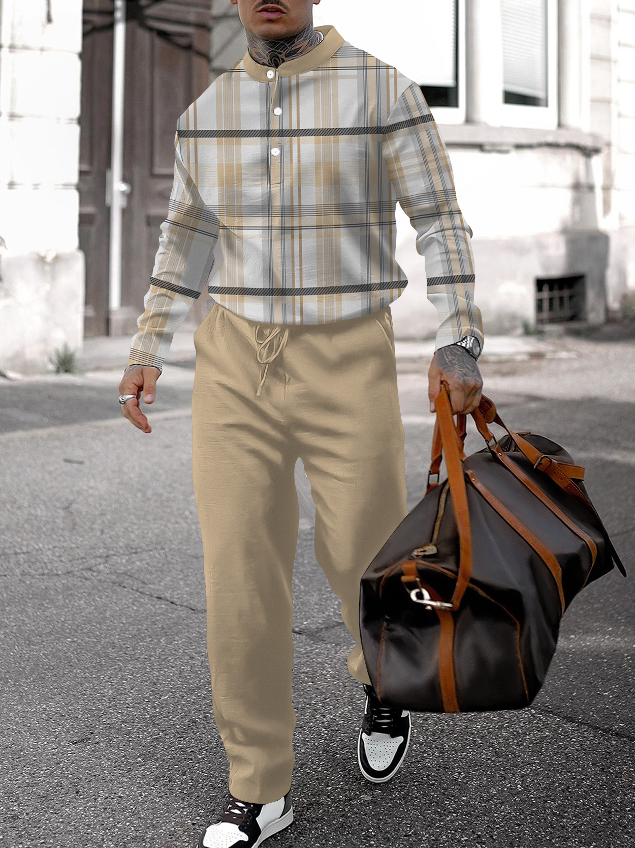 Men's fashion casual geometric print long sleeve two-piece set