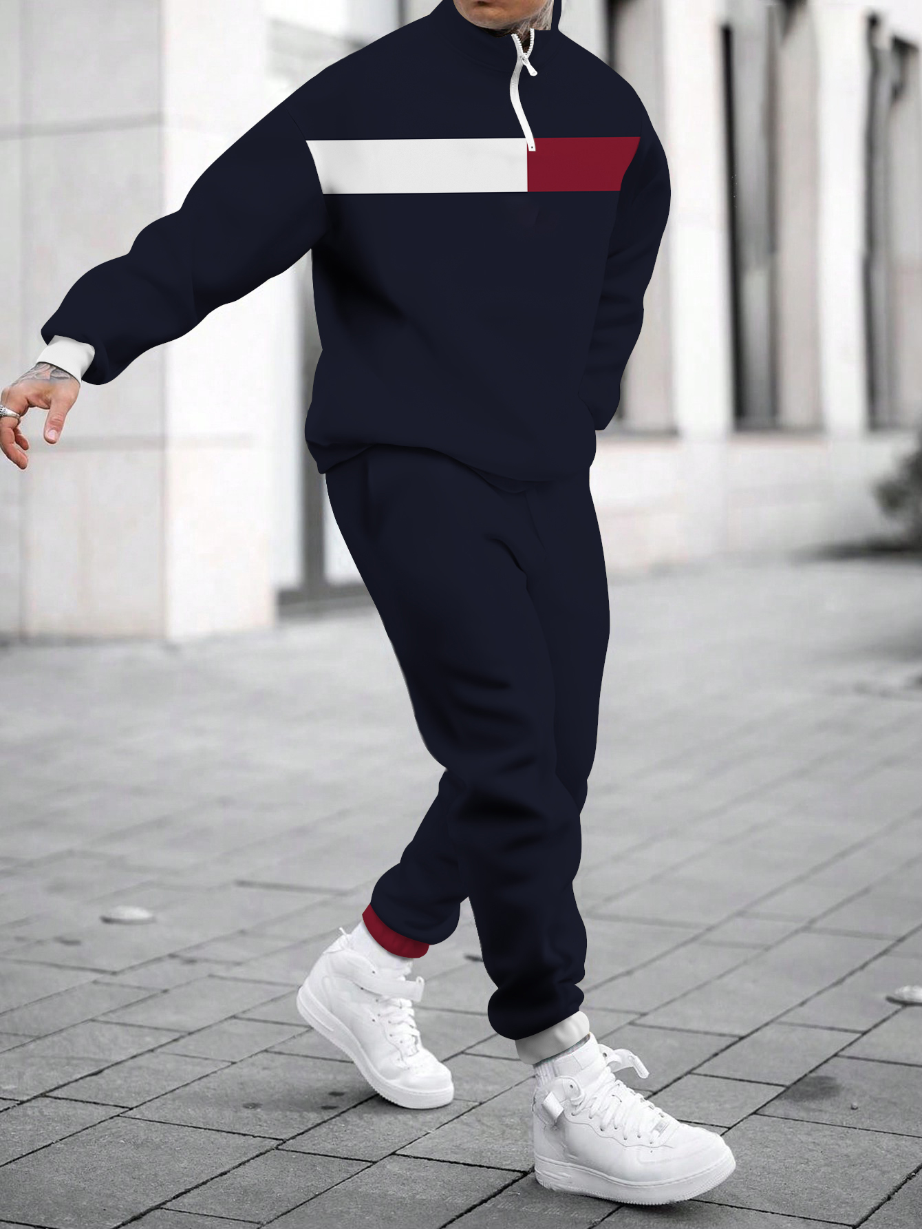 Men's fashion casual color match print long sleeve two piece set