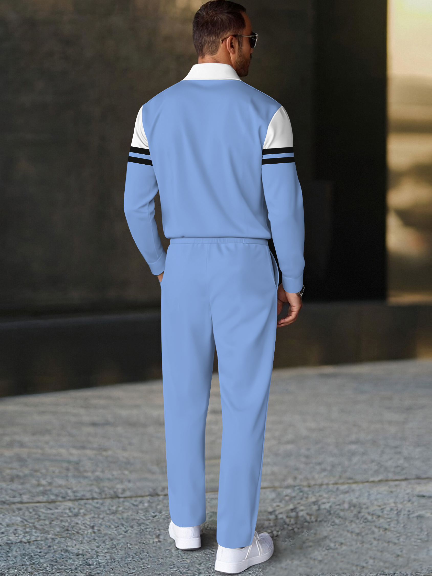 Men's fashion casual geometric print long sleeve zipper polo two-piece set