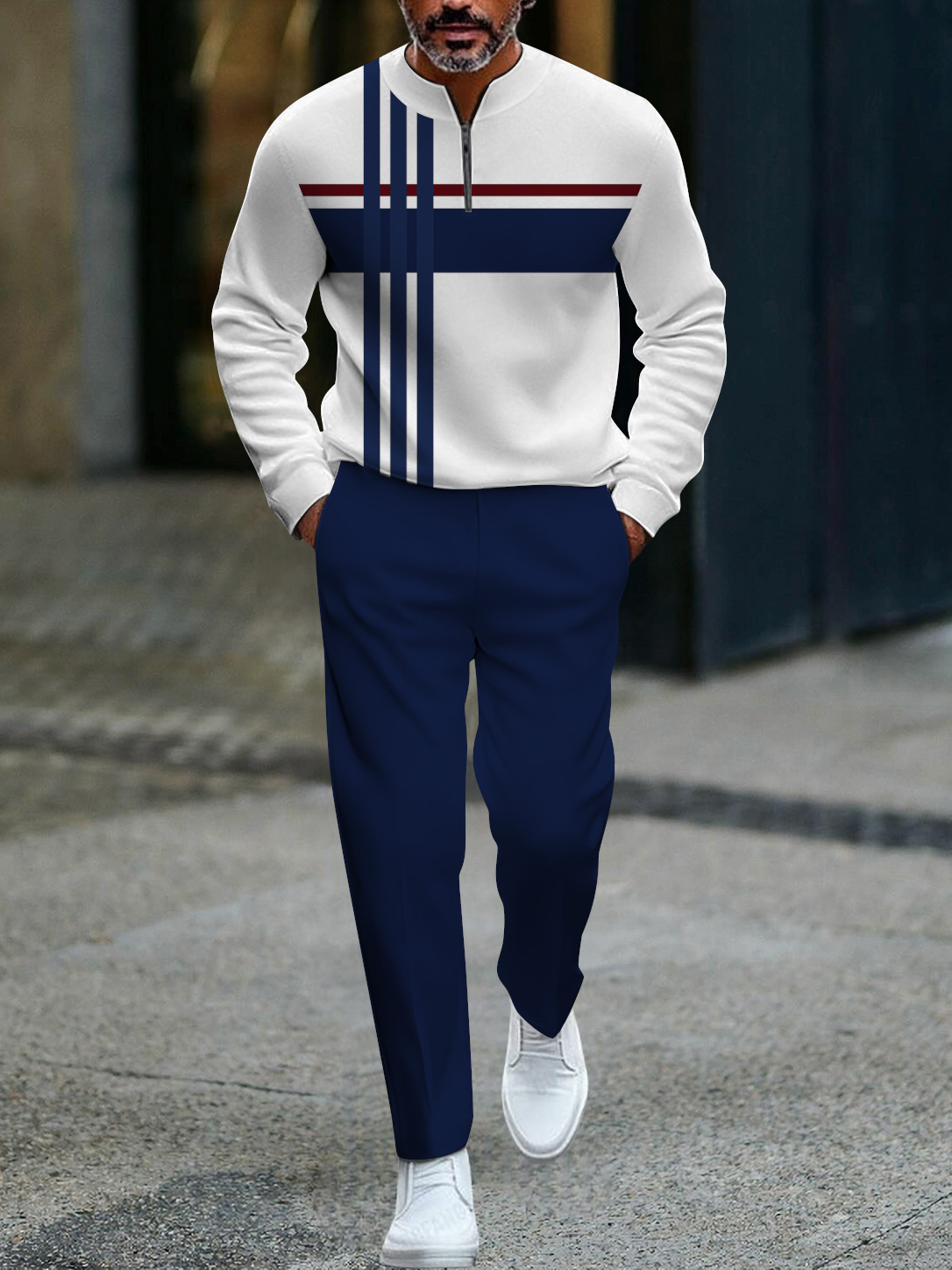 Men's fashion casual geometric print long sleeve zipper two-piece set