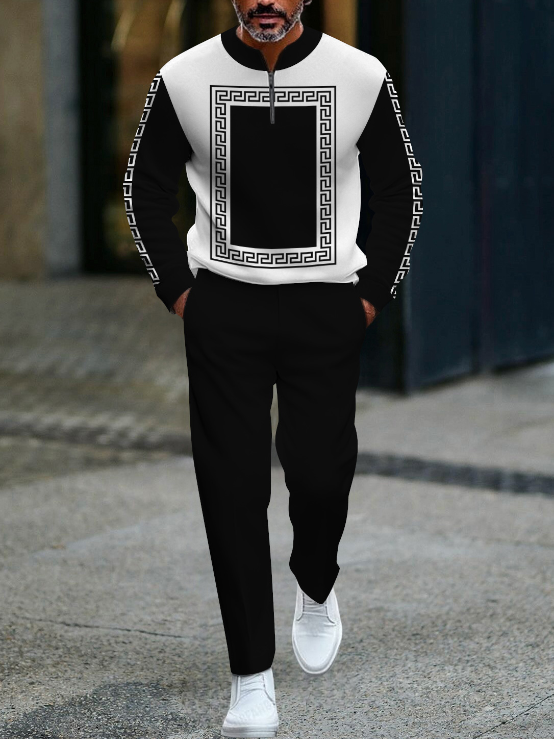 Men's fashion casual geometric print long sleeve zipper two-piece set