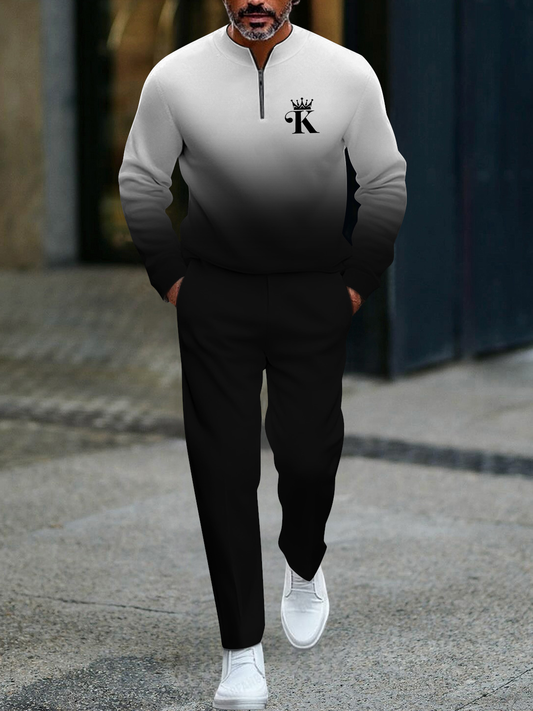 Men's fashion casual geometric print long sleeve zipper two-piece set