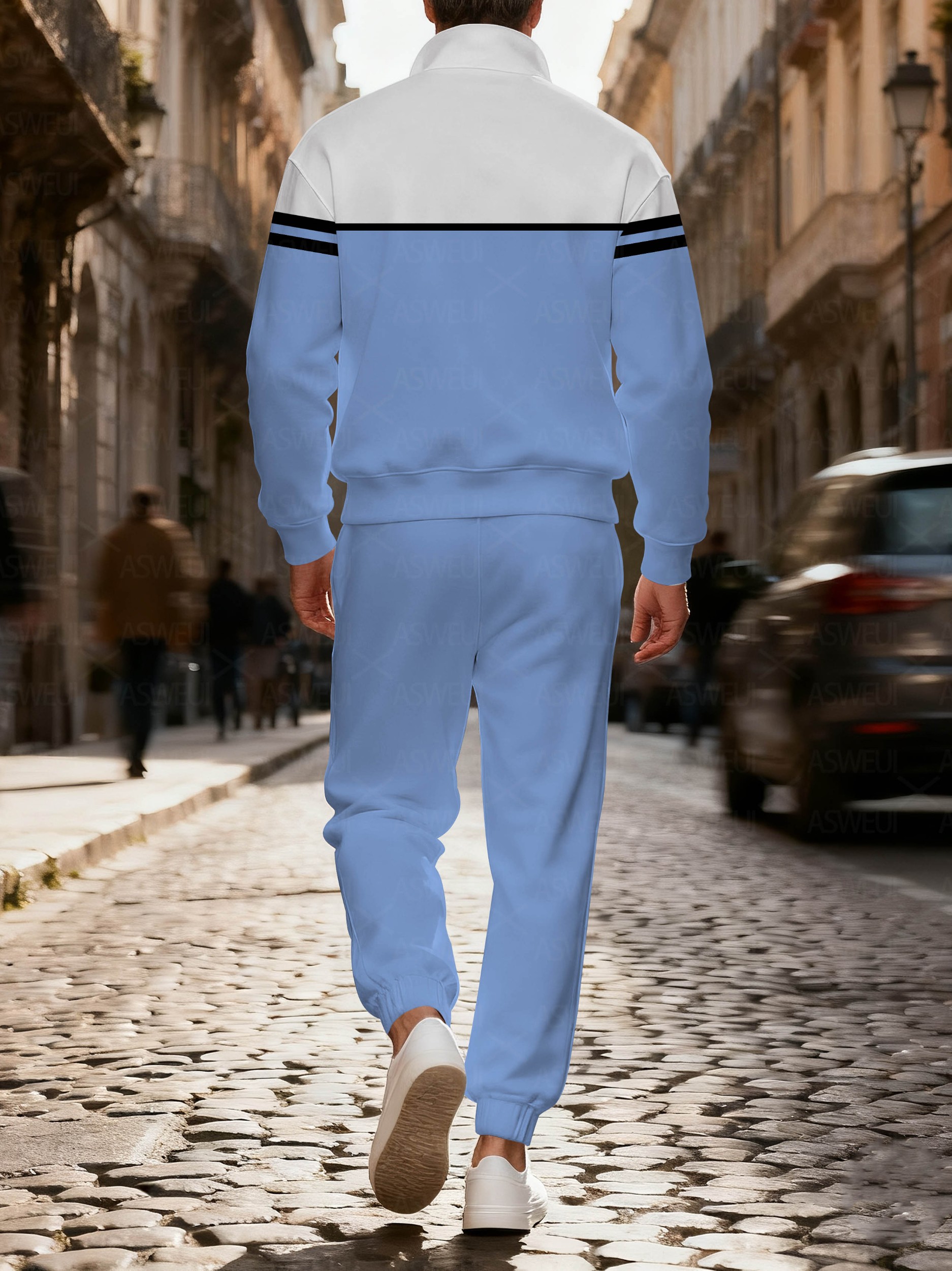 Men's fashionable casual blue and white printed zipper long-sleeved two-piece set