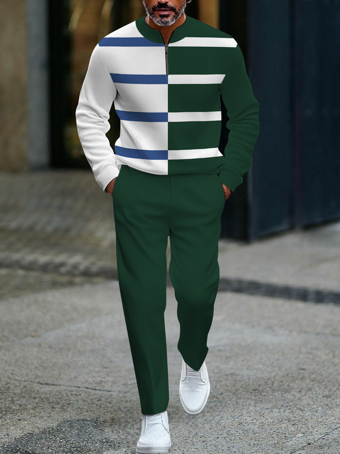 Men's fashion casual geometric print long sleeve zipper two-piece set