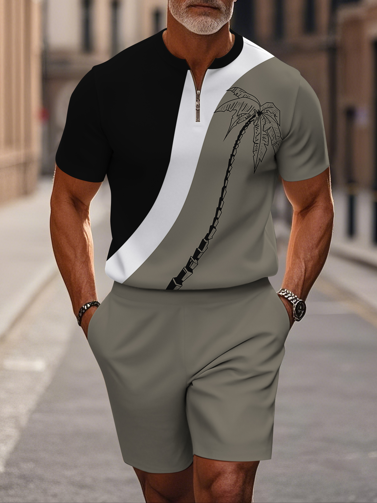 Men's fashion casual round-neck zipper geometric printed short-sleeved two-piece set