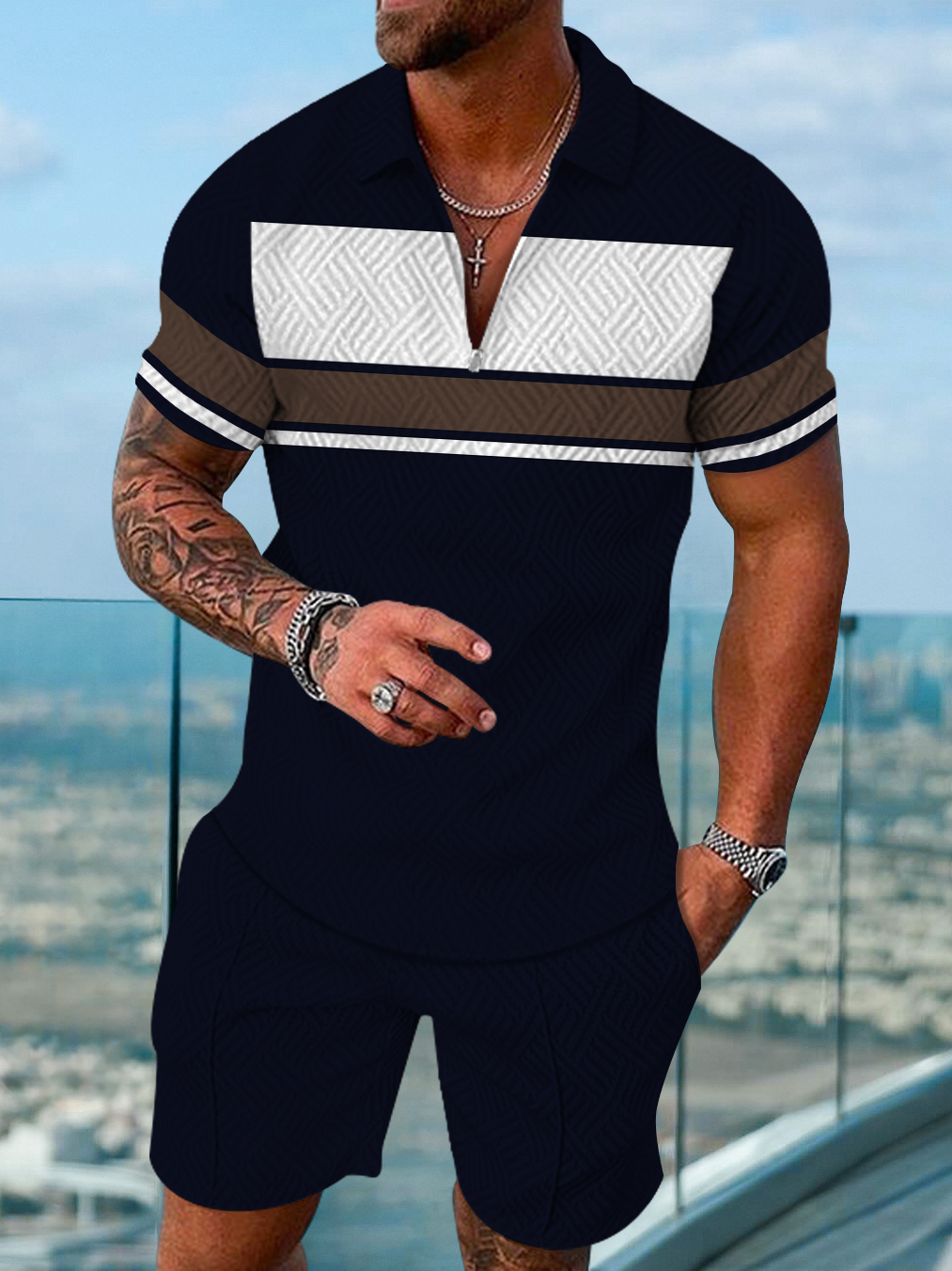 Men's fashion casual color matching printed polo two-piece set