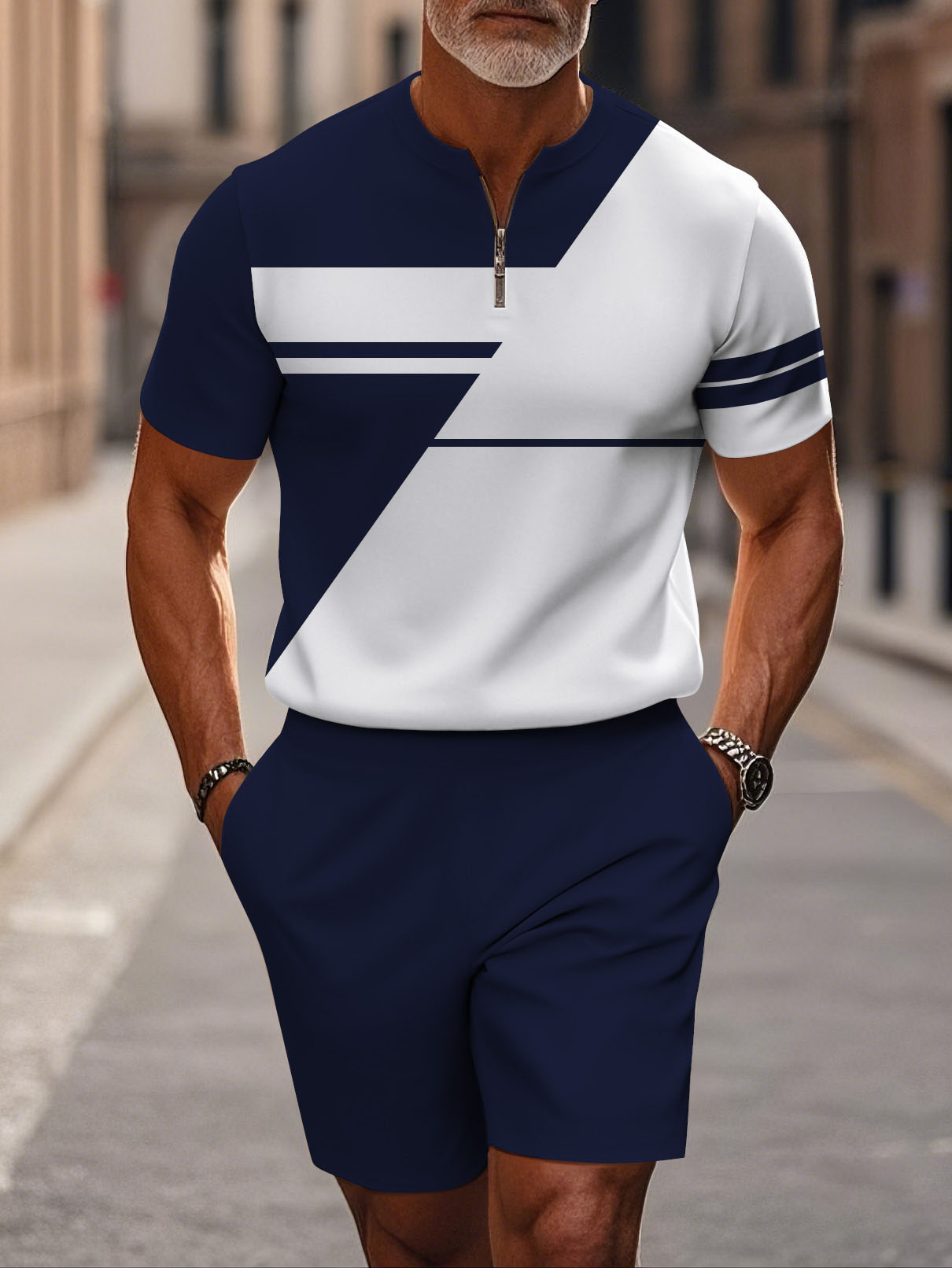 Men's fashion casual round-neck zipper geometric printed short-sleeved two-piece set