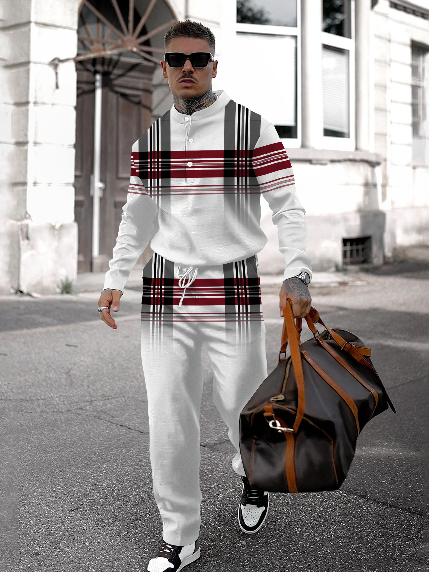 Men's fashion casual geometric print long sleeve two-piece set