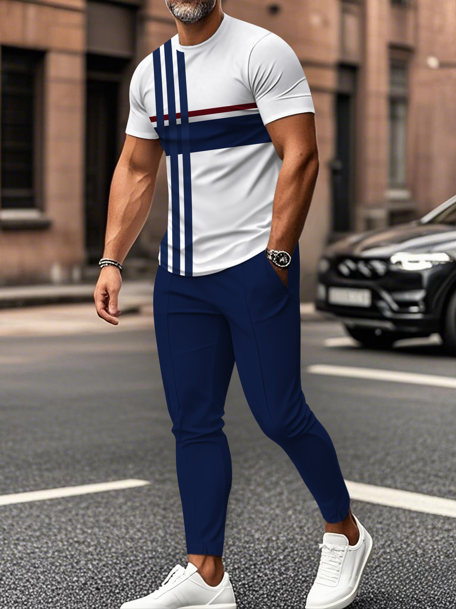 Men's fashion casual color matching striped printed short sleeved trousers two-piece set