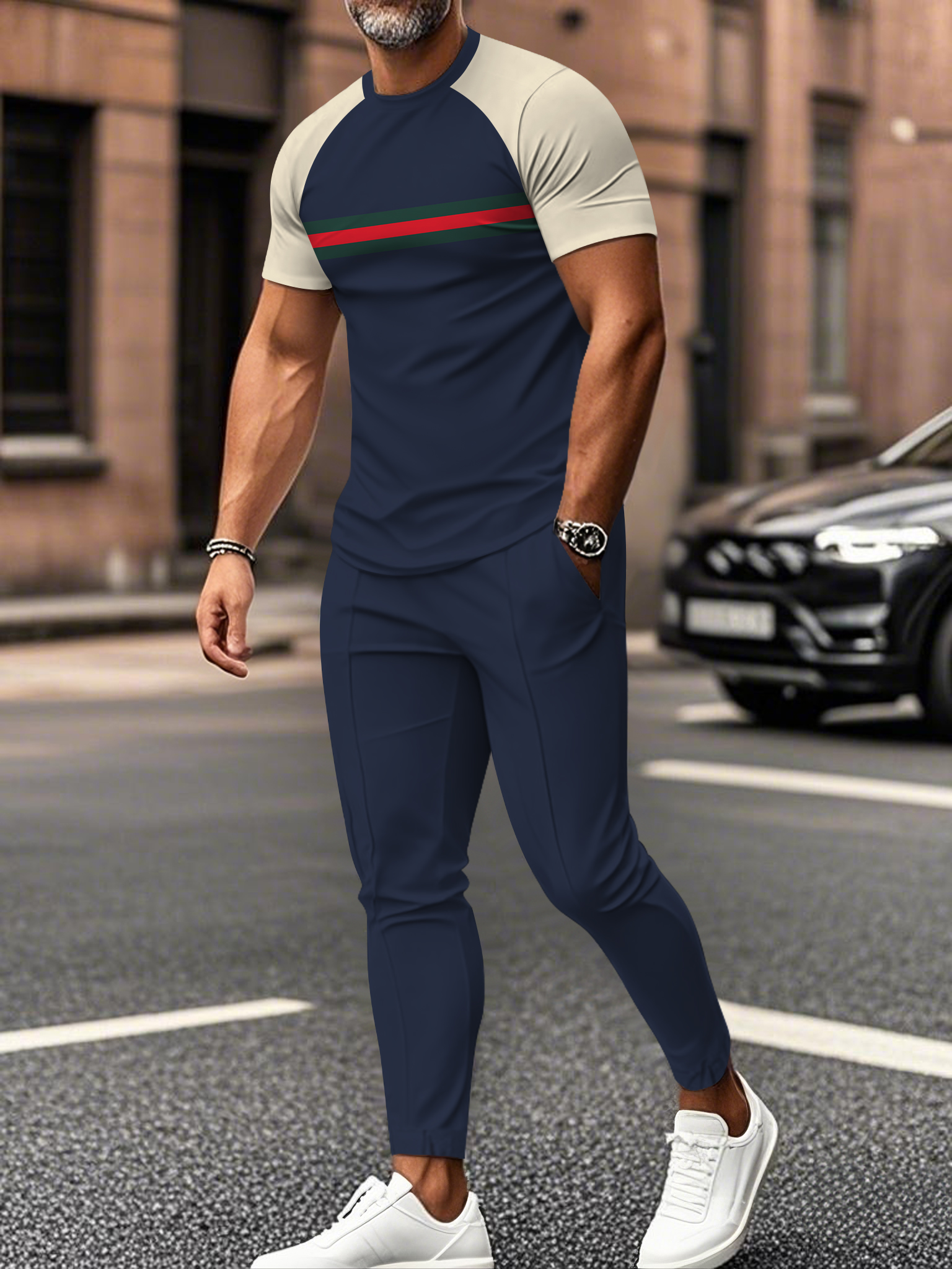 Men's fashion casual color matching striped printed short sleeved trousers two-piece set