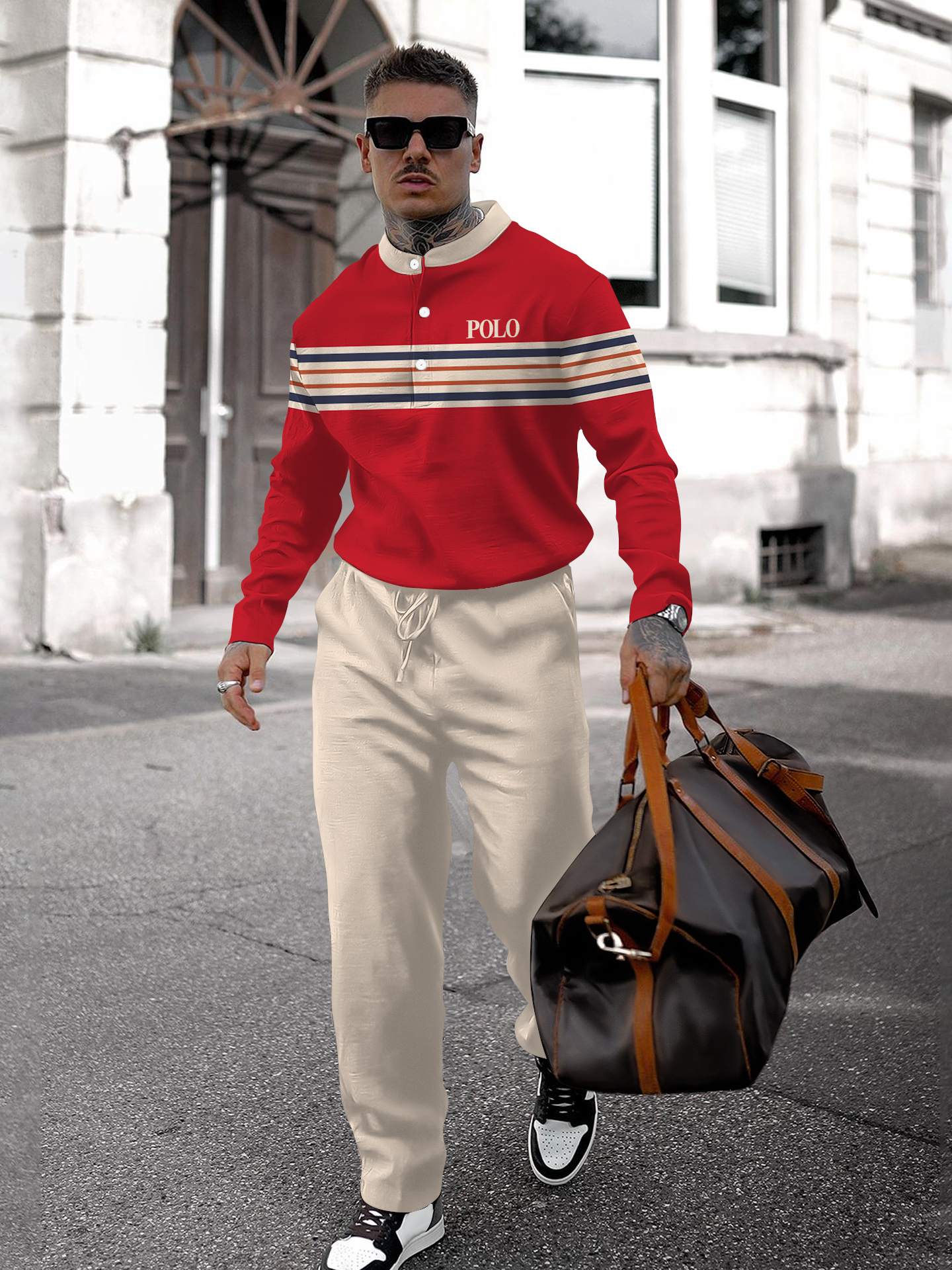 Men's fashion casual geometric print long sleeve two-piece set