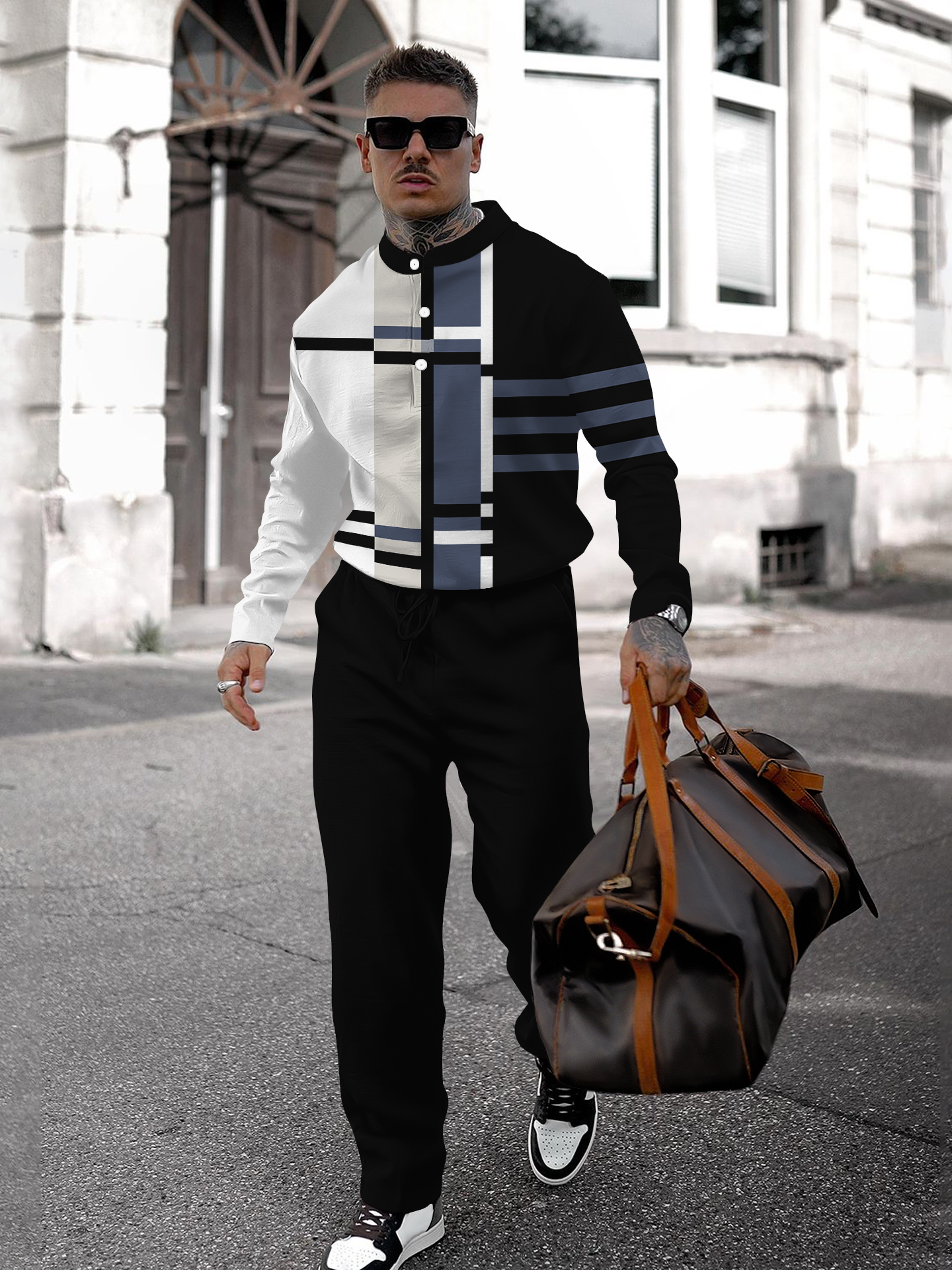 Men's fashion casual geometric print long sleeve two-piece set