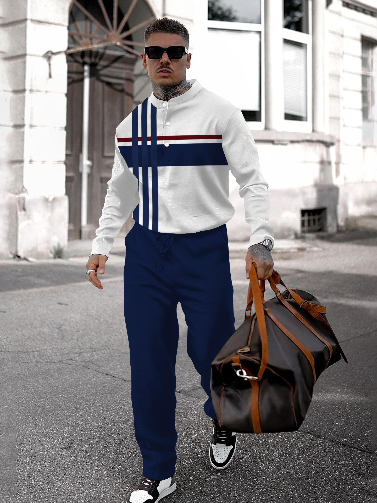 Men's fashion casual geometric print long sleeve two-piece set