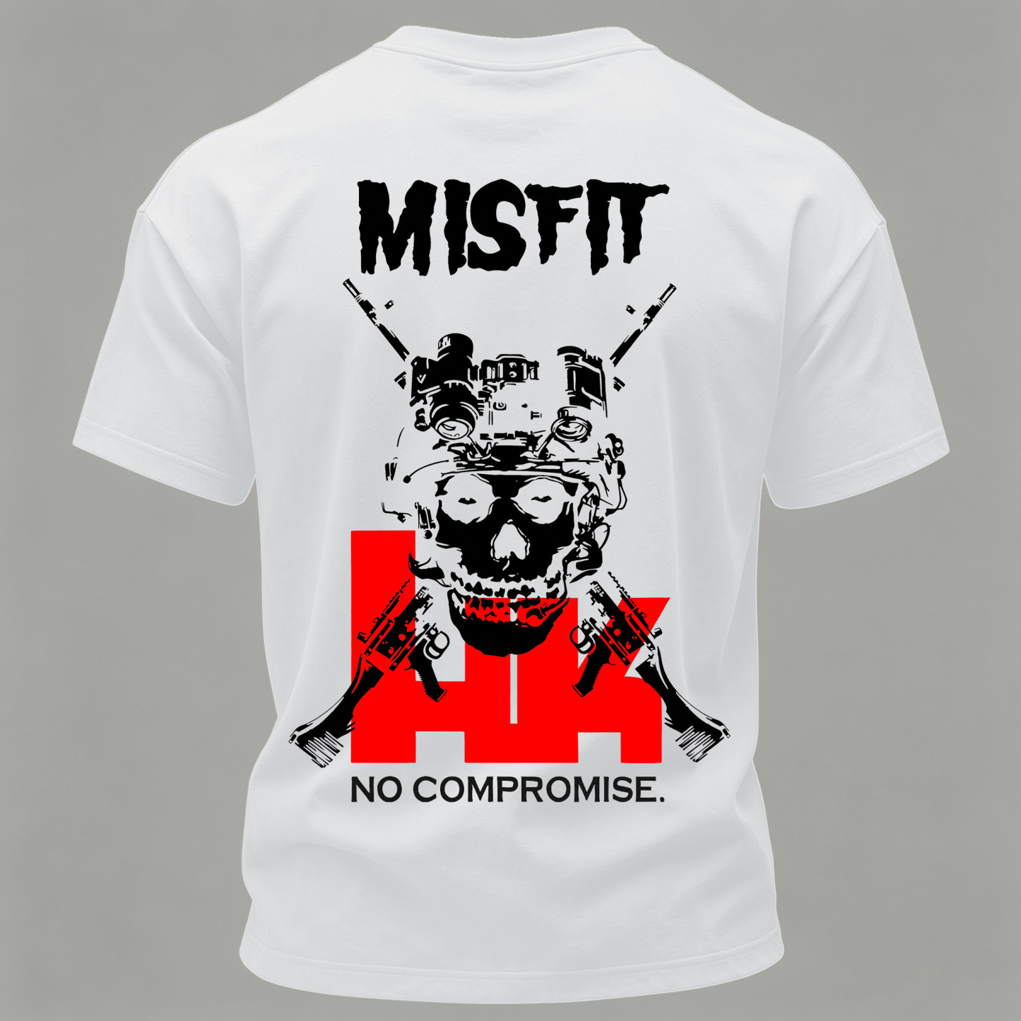 Men’s MISFIT No Compromise Tactical Skull Helmet NVG Rifle Graphic Tee Back Print T Shirt