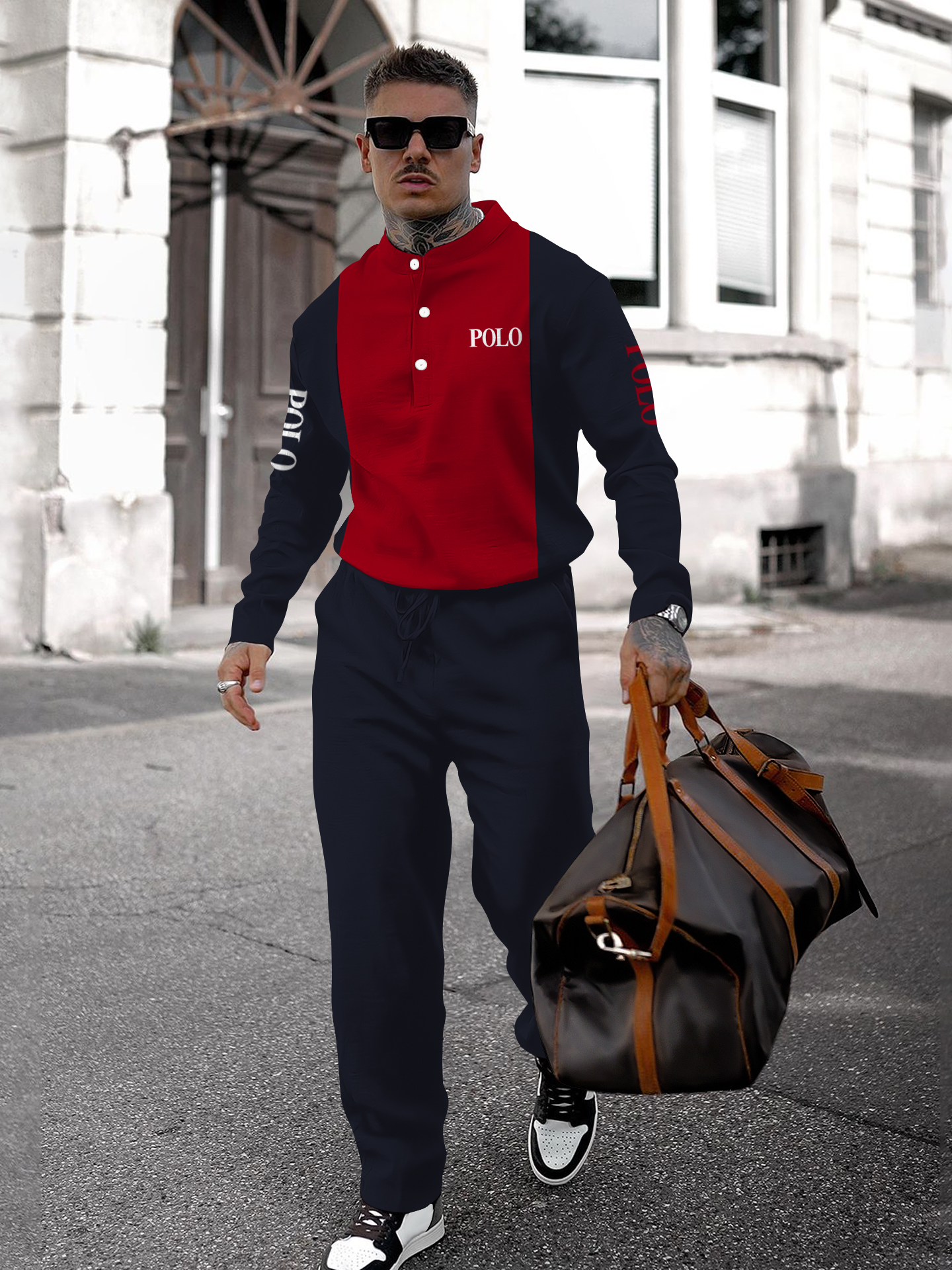 Men's fashion casual geometric print long sleeve two-piece set