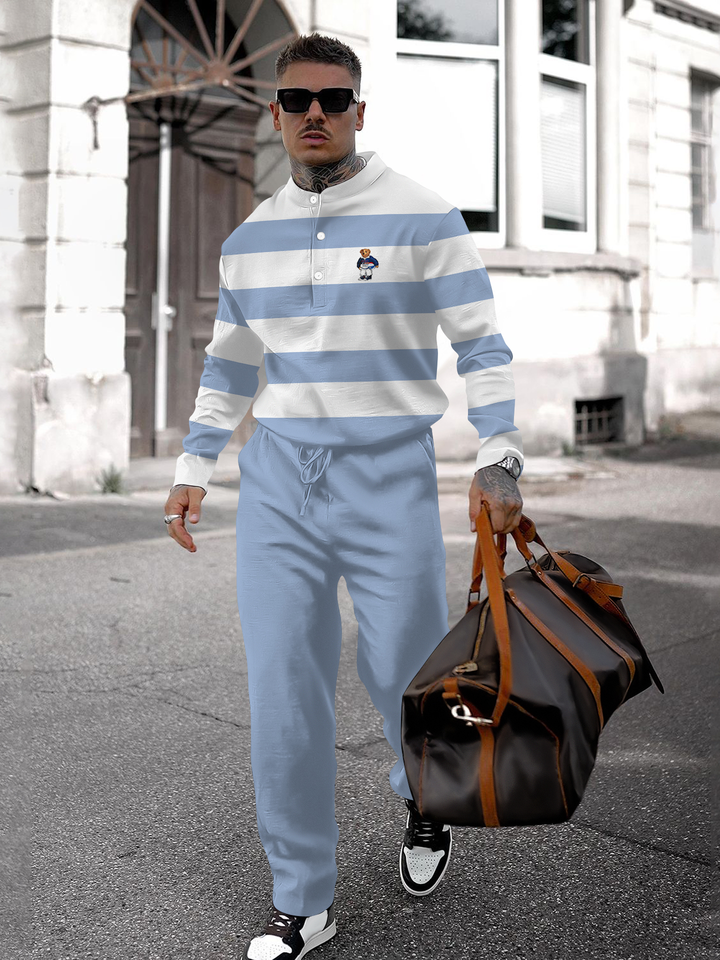 Men's fashion casual geometric print long sleeve two-piece set