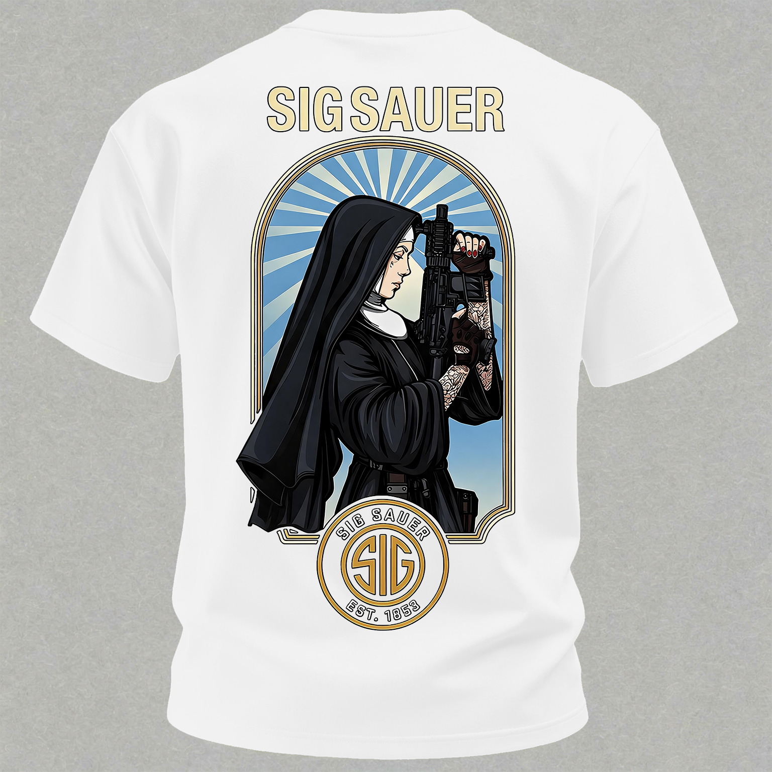 Precision Tactical Arch Window Nun with Rifle Since 1853 Vintage Illustration Cotton Print Men's T-Shirt