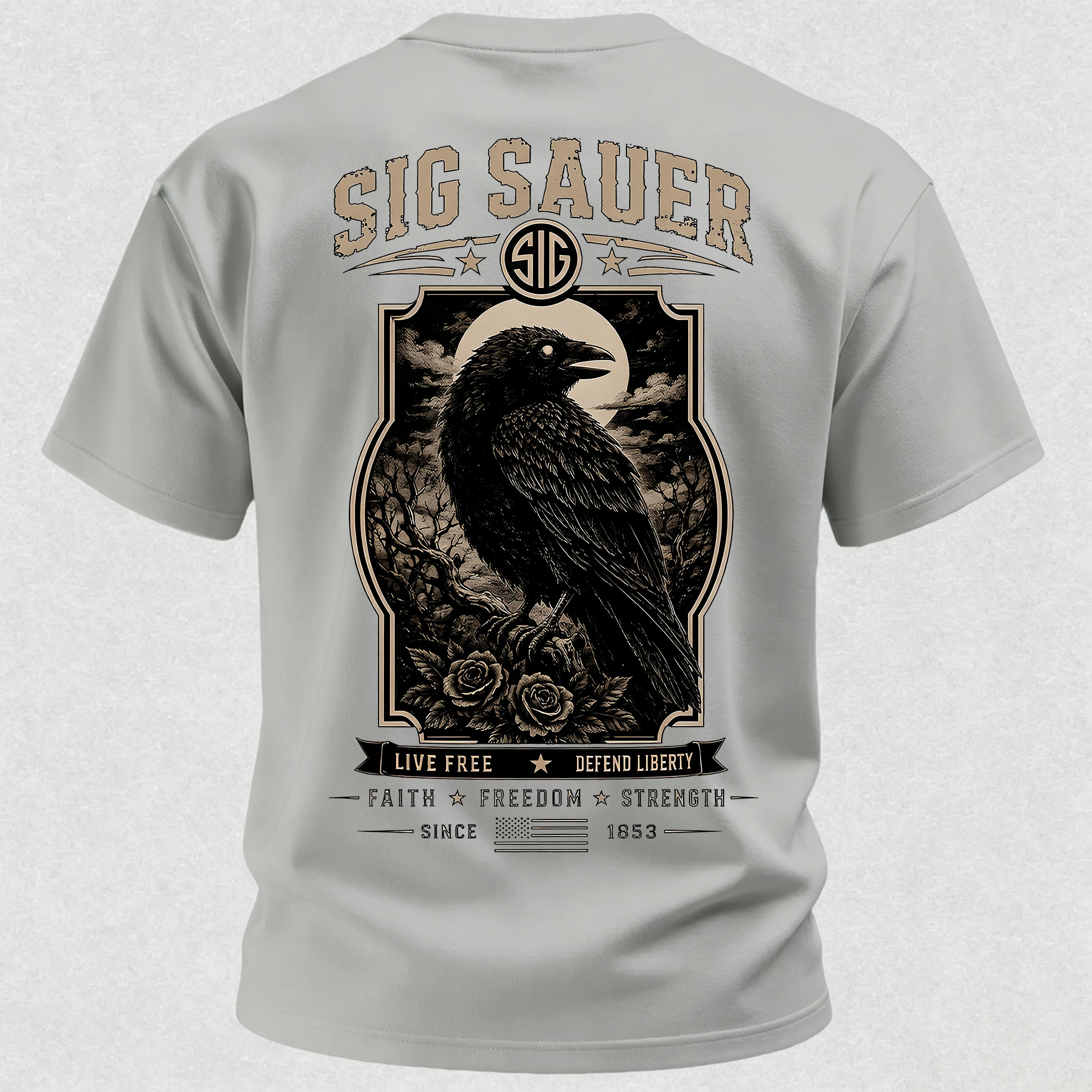 LIVE FREE DEFEND LIBERTY FAITH FREEDOM STRENGTH Raven Vintage Roses Print Men's T-shirt