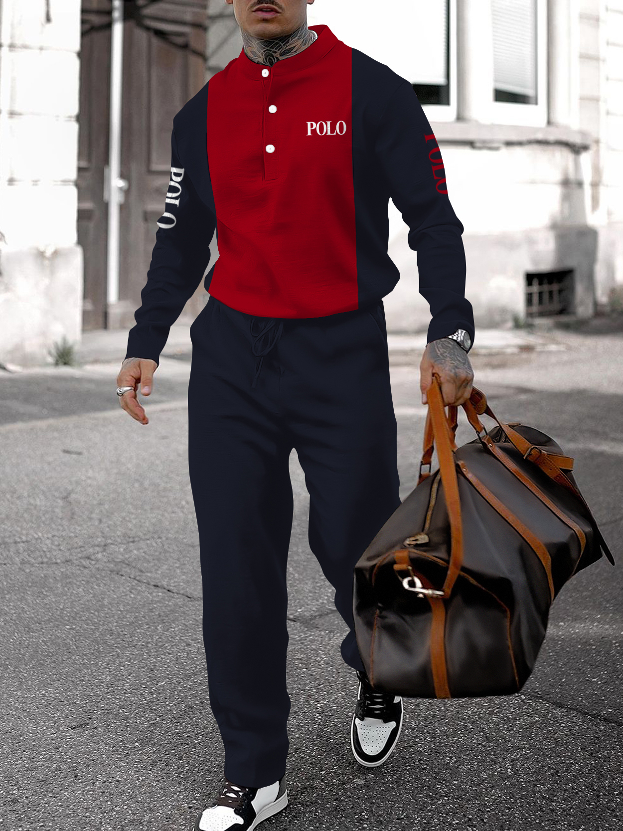 Men's fashion casual geometric print long sleeve two-piece set