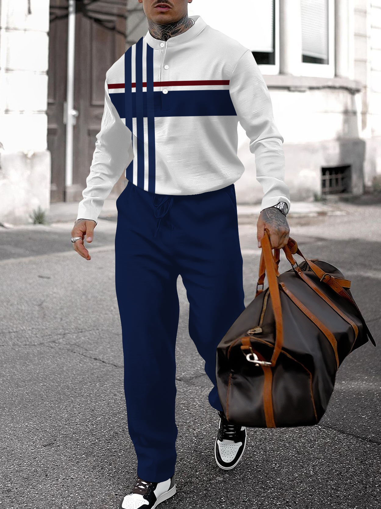 Men's fashion casual geometric print long sleeve two-piece set