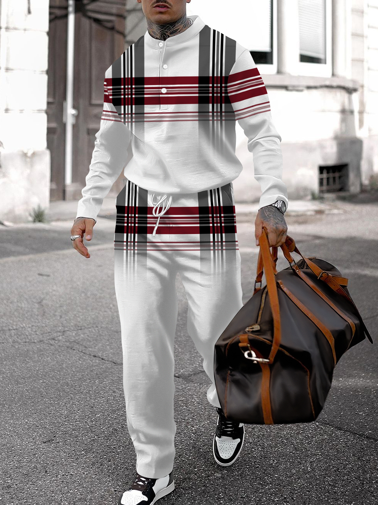 Men's fashion casual geometric print long sleeve two-piece set