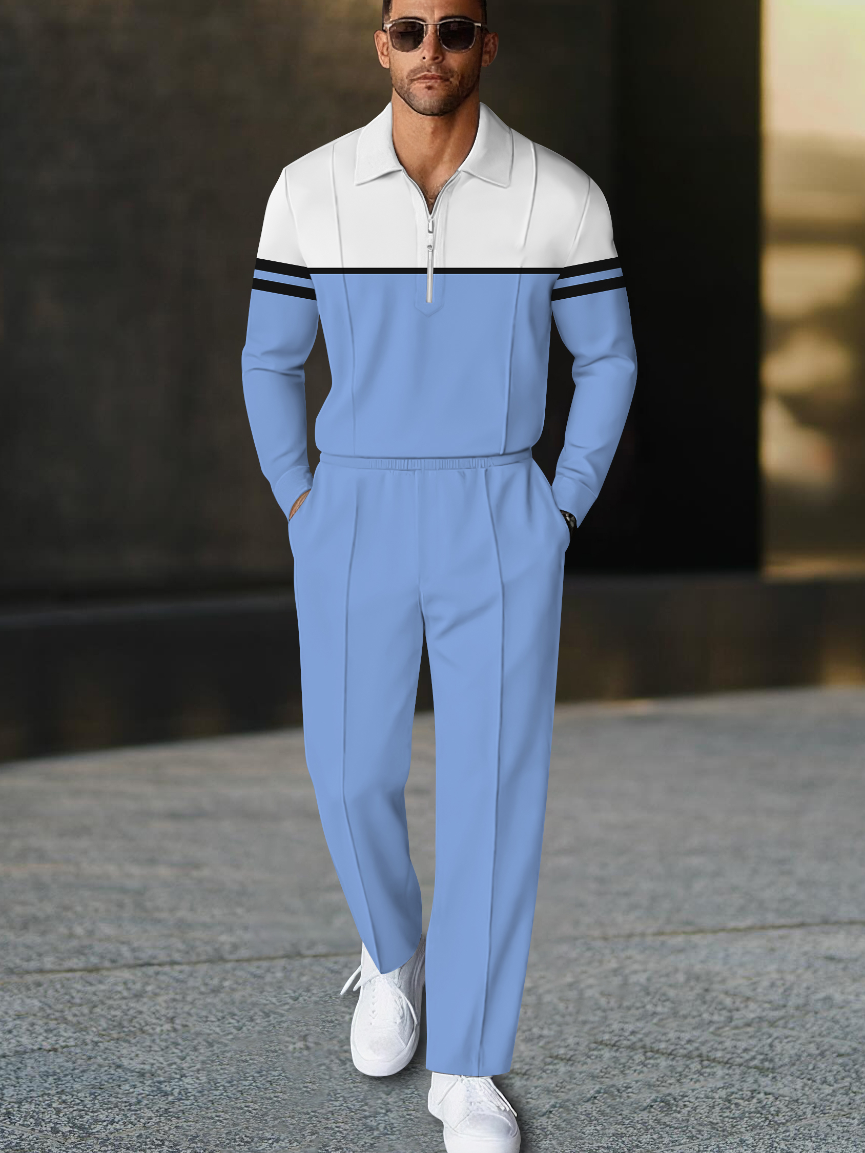 Men's fashion casual geometric print long sleeve zipper polo two-piece set