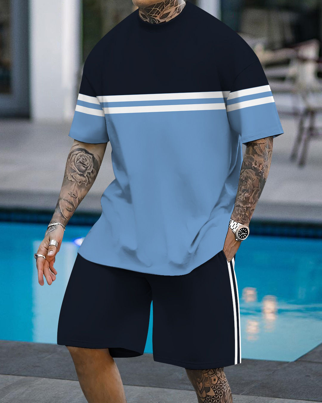 Men's fashion casual color matching printed short-sleeved two-piece se