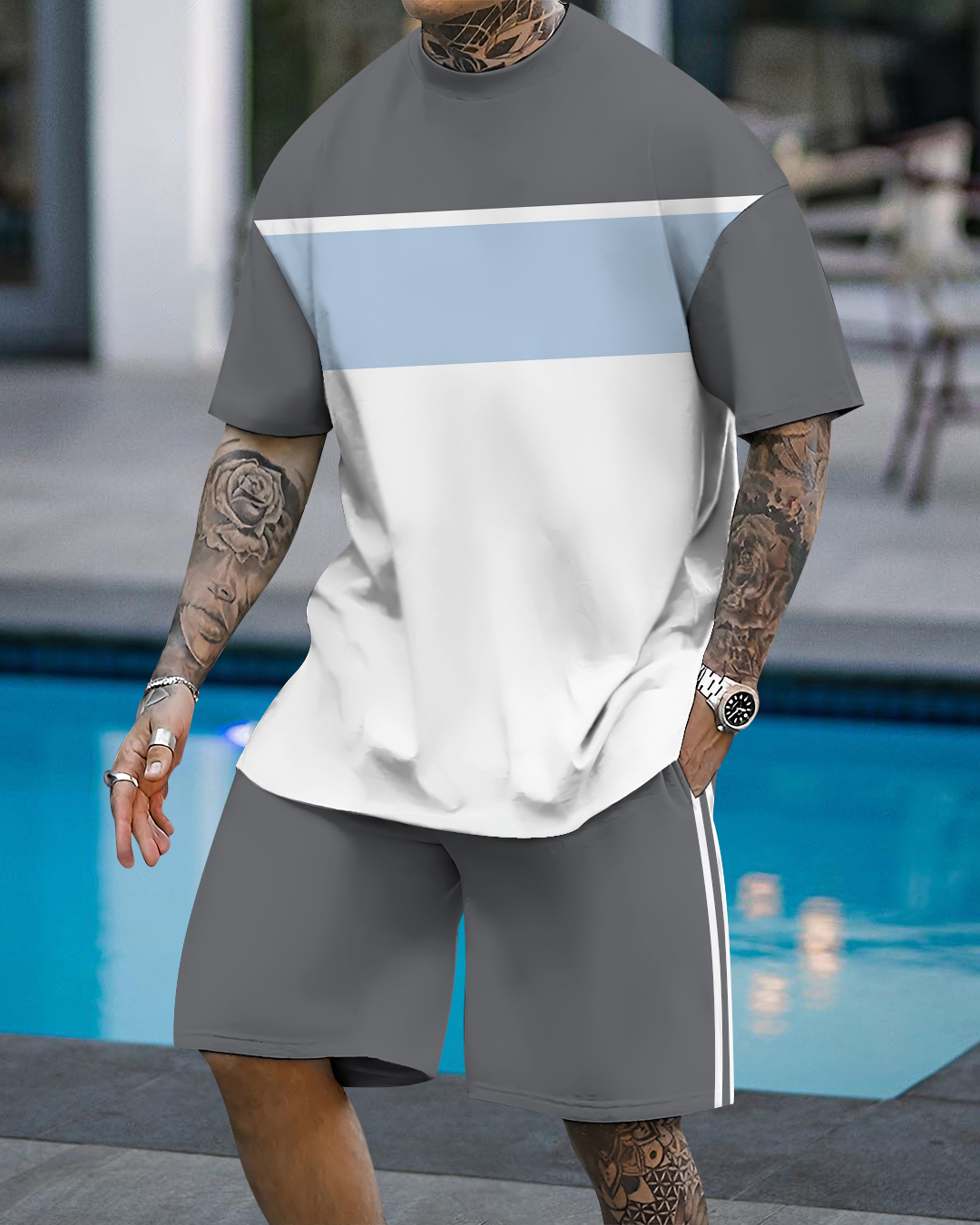 Men's fashion casual color matching printed short-sleeved two-piece se