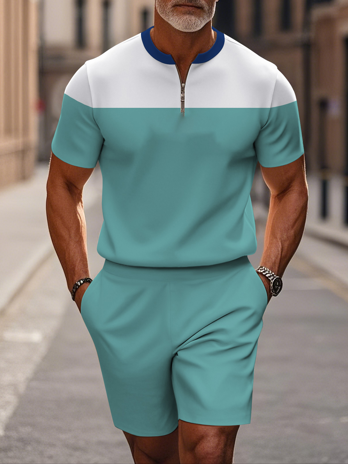 Men's fashion casual round-neck zipper geometric printed short-sleeved two-piece set