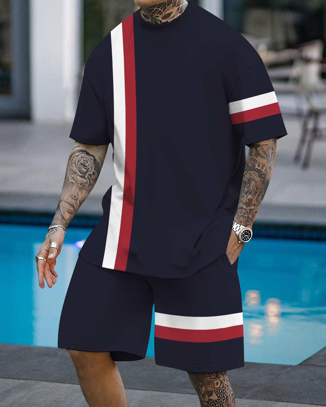 Men's fashion casual color matching printed short-sleeved two-piece se