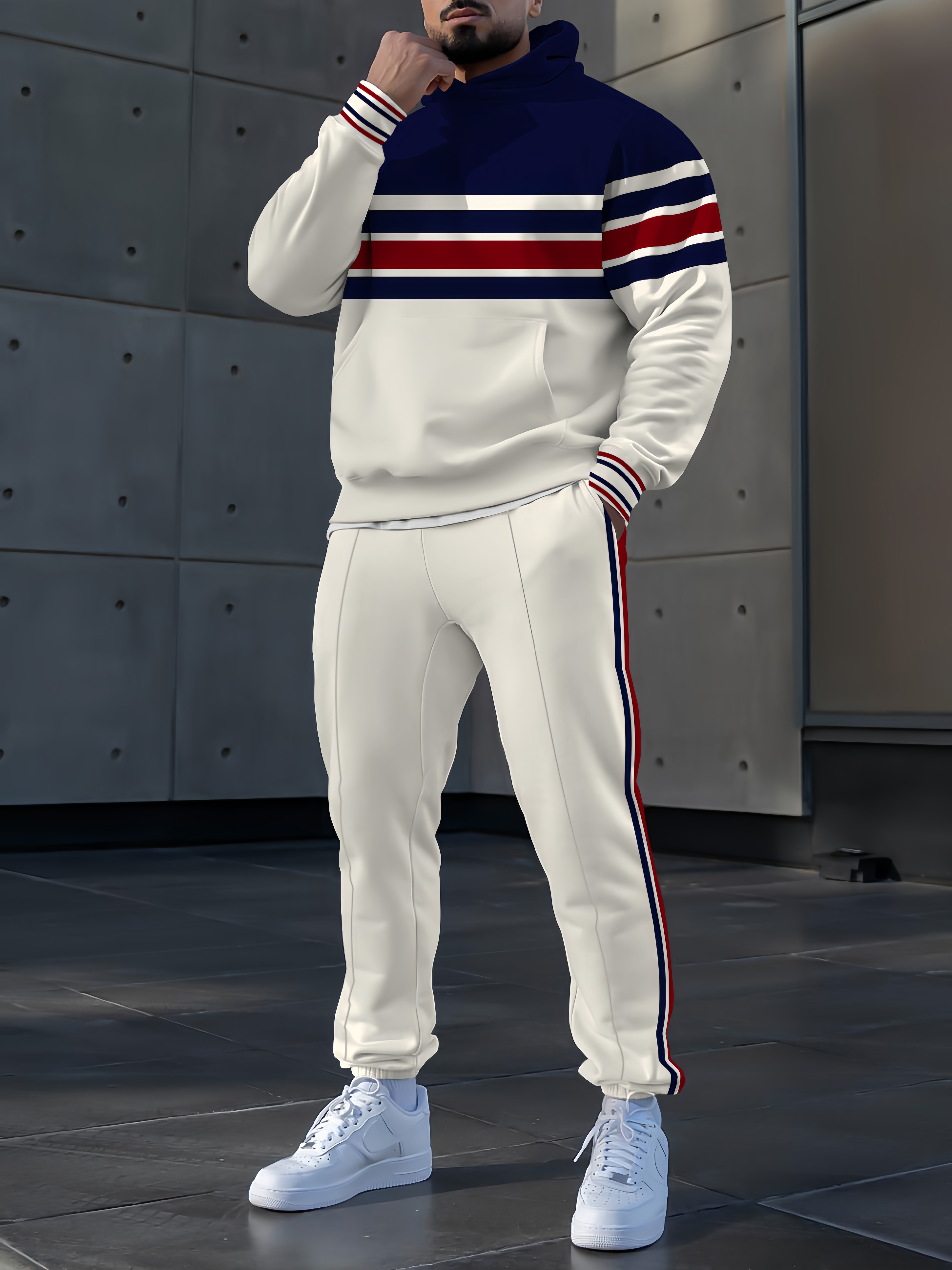 Men's fashion casual color matching striped print long sleeve two piece set