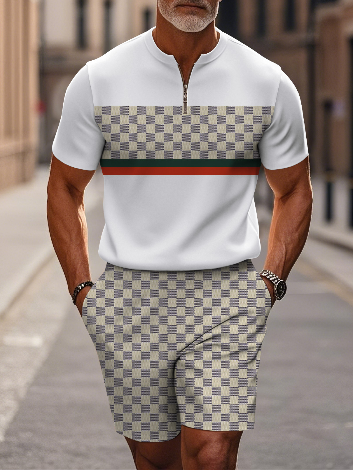 Men's fashion casual round-neck zipper geometric printed short-sleeved two-piece set