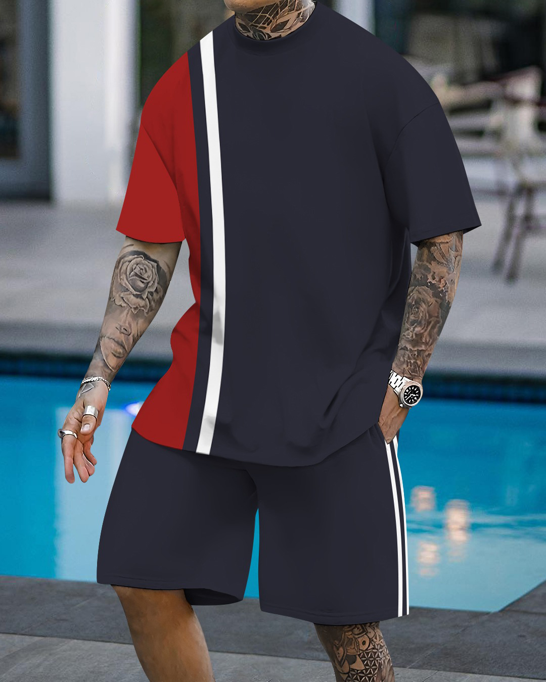 Men's fashion casual color matching printed short-sleeved two-piece se