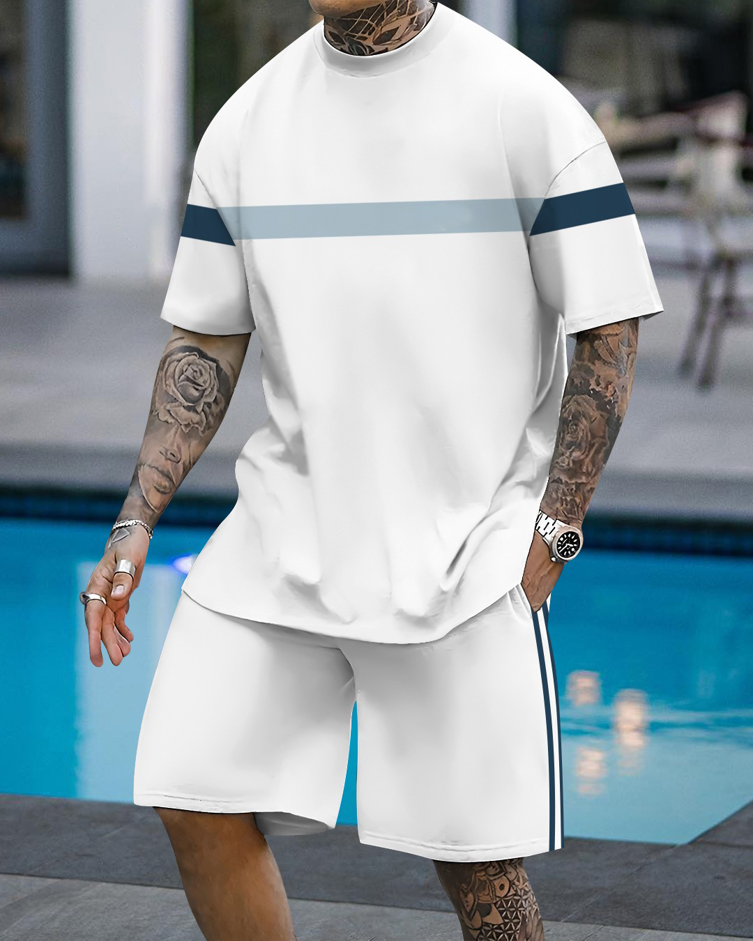 Men's fashion casual geometric print short sleeve two-piece set